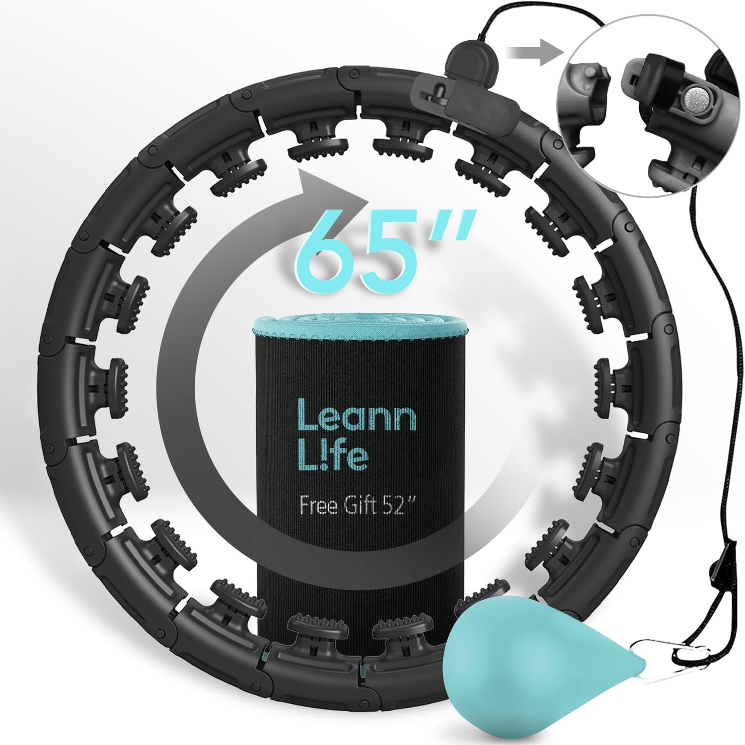 U2 Black-32 Knots 19”- 65”, Detachable & Size Adjustable Weighted Hula Hoop for Kids Adults Weight Loss, Infinity Hoop Plus Size, Abdominal Toner,5 Color Balls, Free Waist Trimmer&Wash Bag