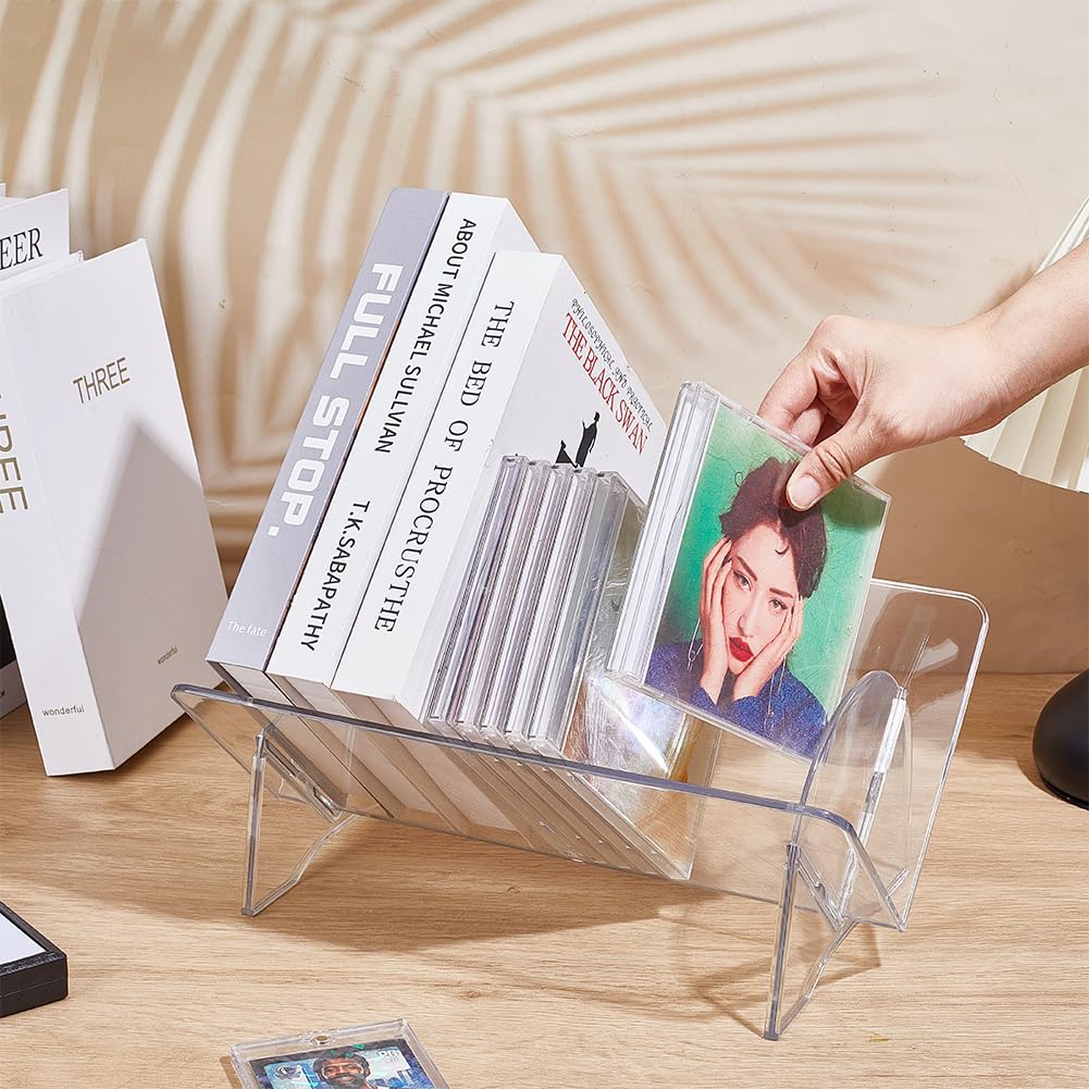 1 juego de soporte para DVD, estante de almacenamiento de CD, estante acrílico para libros, estantería de escritorio, transparente, 31 x 18 x 13,8 cm, para libros, CD, DVD, almacenamiento de