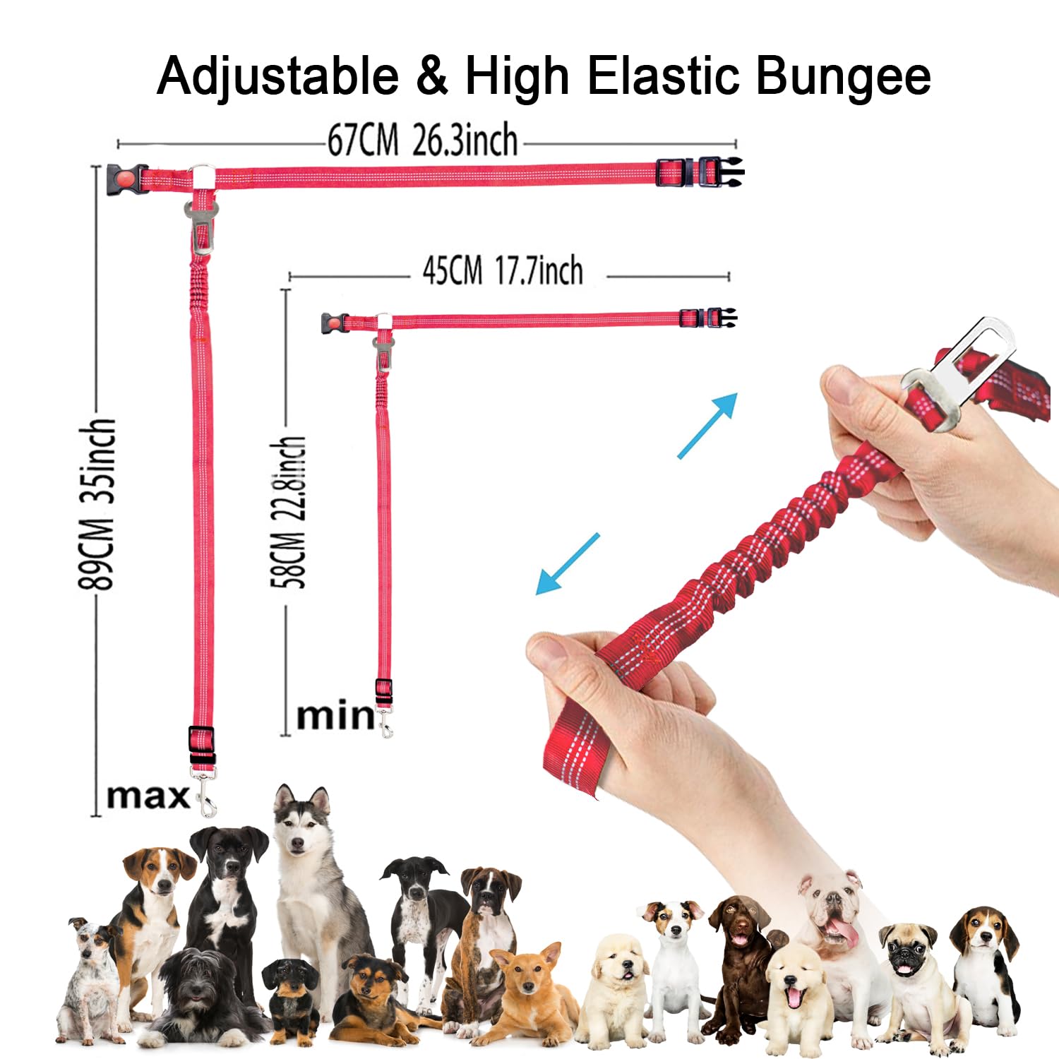 MOLHEM 2 Pack Pet Dogs Seat Belt for Car Adjustable Safety Elastic Lead Harness for Cars Anti Shock Elasticated Cushioned Leash (Red) - Image 2