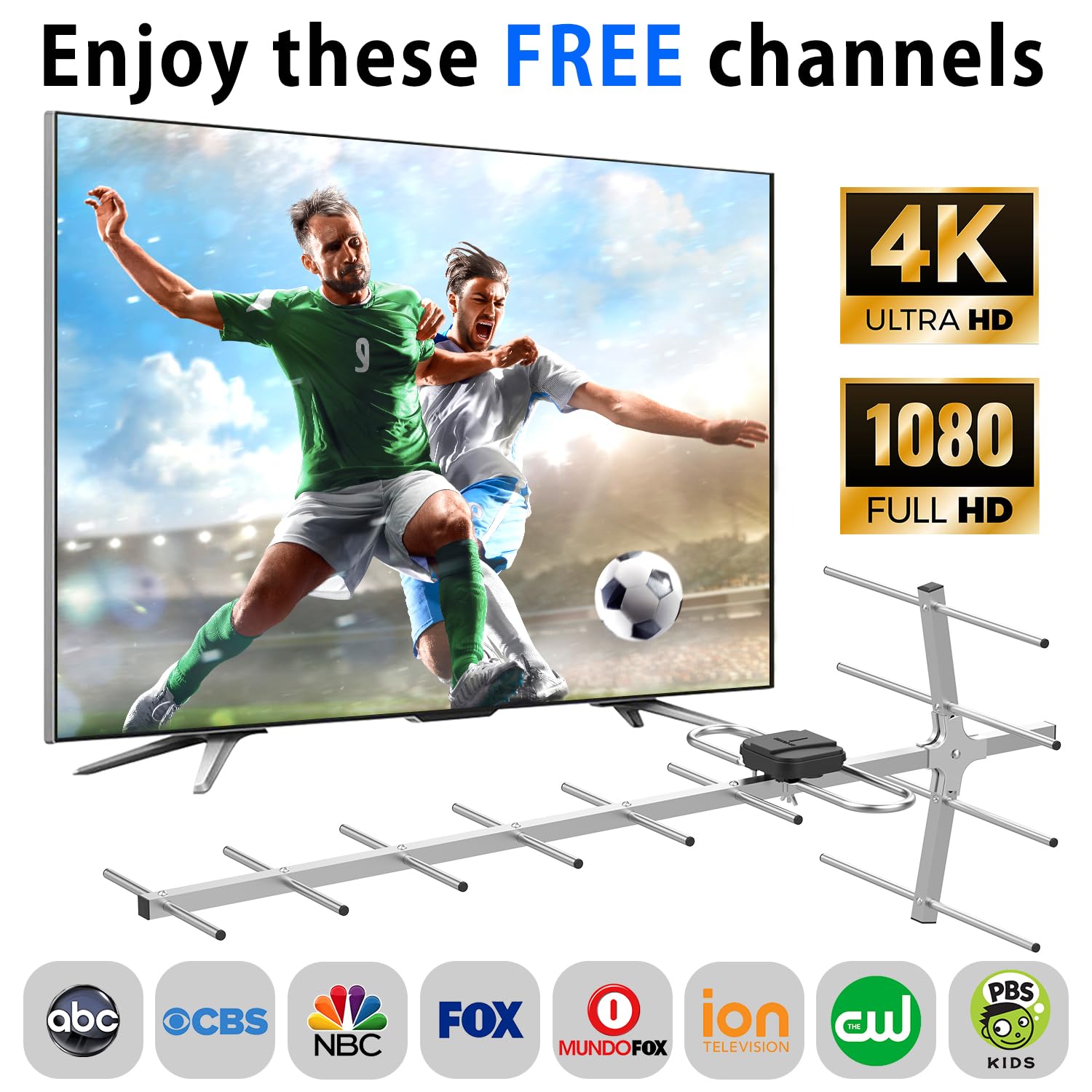 Antenne TV numérique HD d'extérieur Yagi avec réception longue portée, grenier ou toit Antenne TV numérique OTA avec UHF/VHF, prend en charge 4K, 1080p tous les téléviseurs intelligents/anciens et