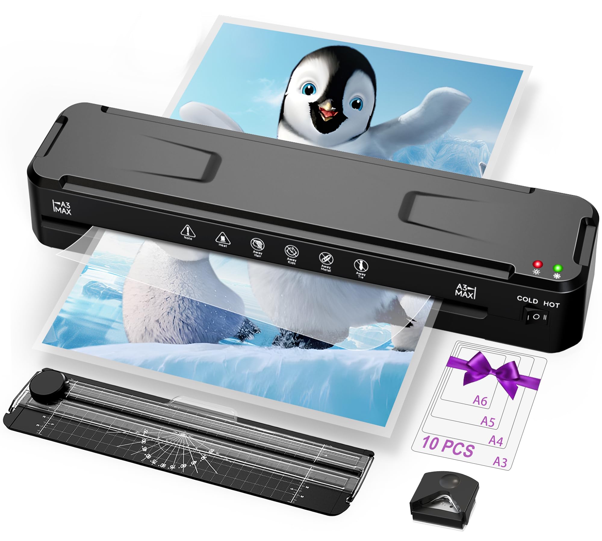 MAXDONE Laminiergerät A3, Laminiergerät, 2-Walzen System mit Papierschneider & Eckrunde, Heiß und Kalt Laminator Smooth Bubble-free, Laminiermaschine für A3 A4 A5 A6 Foto Dokumente in Schule, Büro