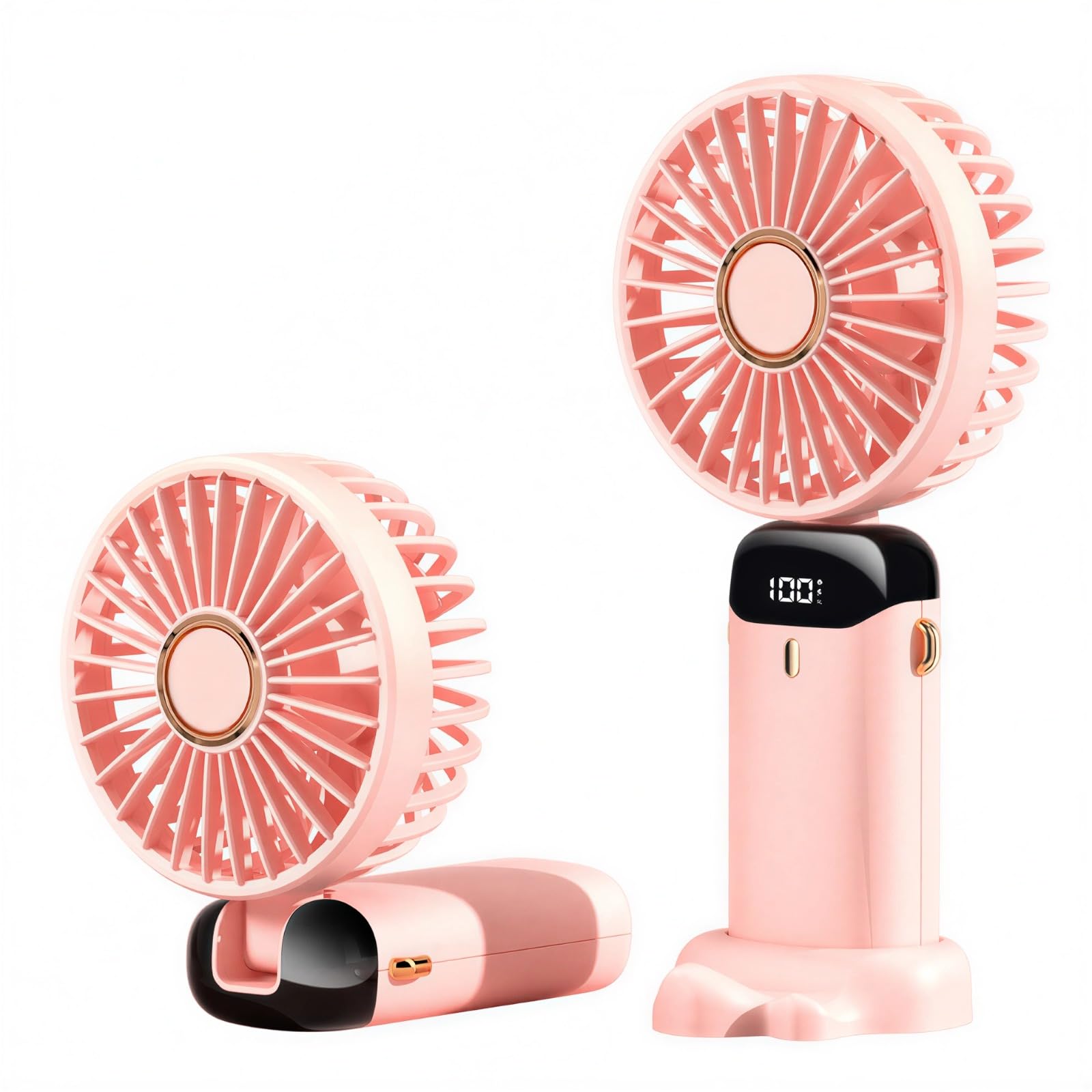 Portable Hand Held Fan, Handheld USB Rechargeable Fans with Variable 5 Speeds, Mini Fan Foldable Desk Desktop Fans with LED Display for Home Office Bedroom Outdoor and Travel (Pink)