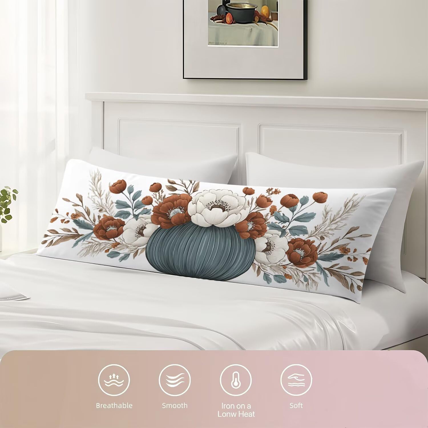 Body Pillow Cover 20x48, Side Sleeper Pillow Flower, Northern Europe Pattern Design, Super Soft Velvet Bed Pillows Decorative, Farmhouse Long Pillowcase with Zipper for Bed Couch Home Decor, Model408