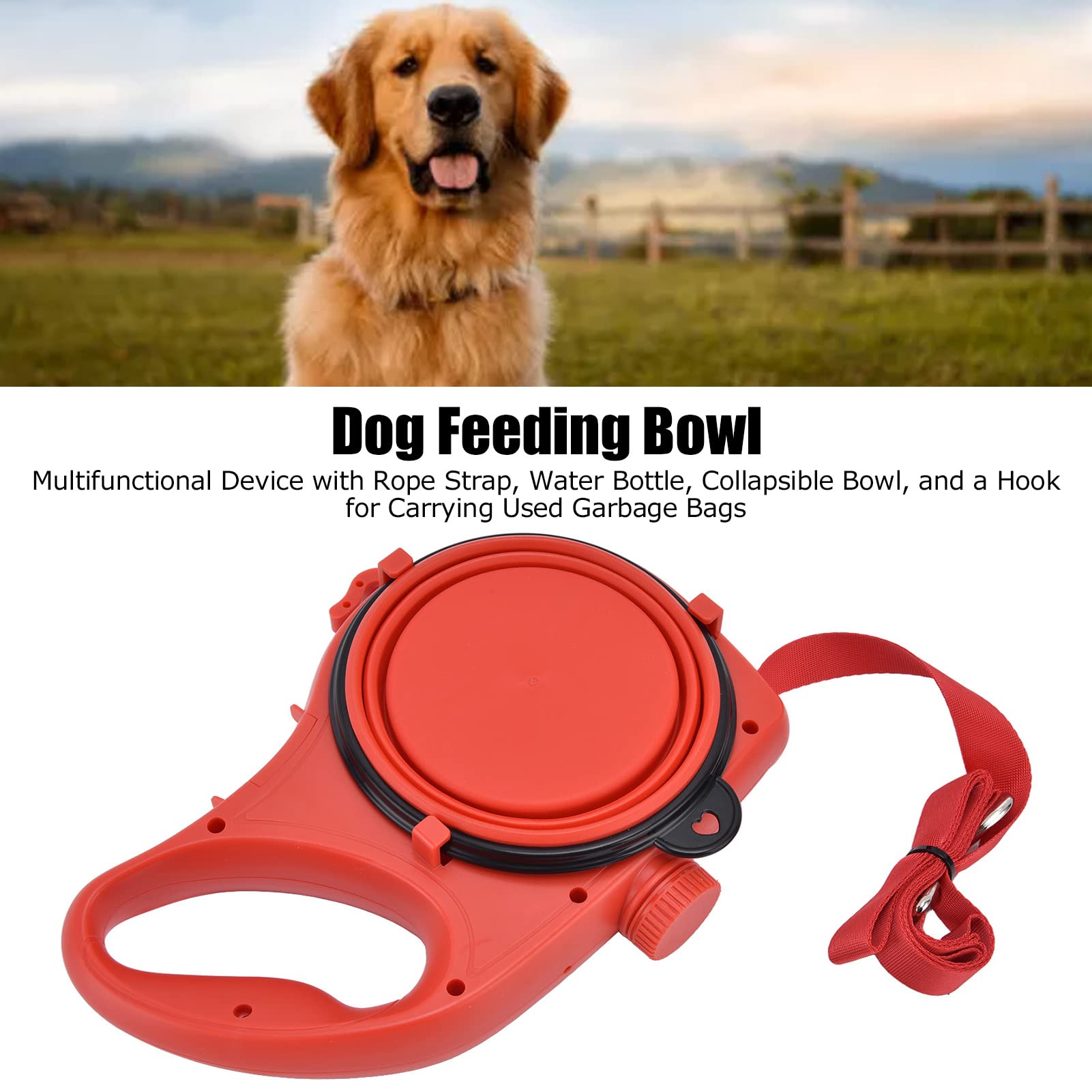Laisse pour Petit Chien, Laisse Multifonction Portable pour Animaux de Compagnie avec Bol d'eau Pliable pour Petits Chiens Moyens (9,1 * 6,7 * 2,0 Pouces)(Rouge)