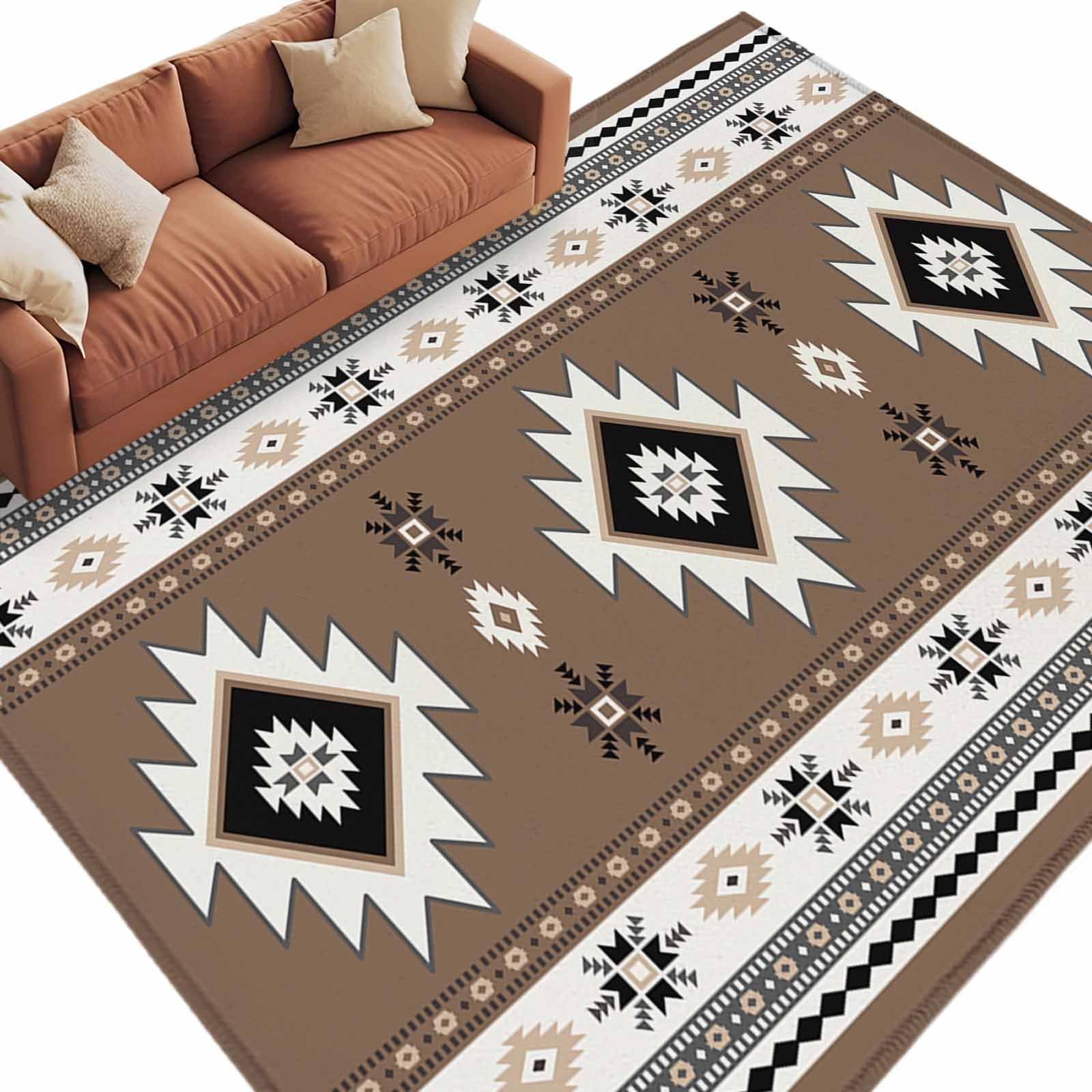 Boho Area Rug Rectangle - 5x8ft Floor Mat with Non Slip Backing, Aztec Ethnic Style Brown Black Carpet for Bedroom, Living Room, Entryway