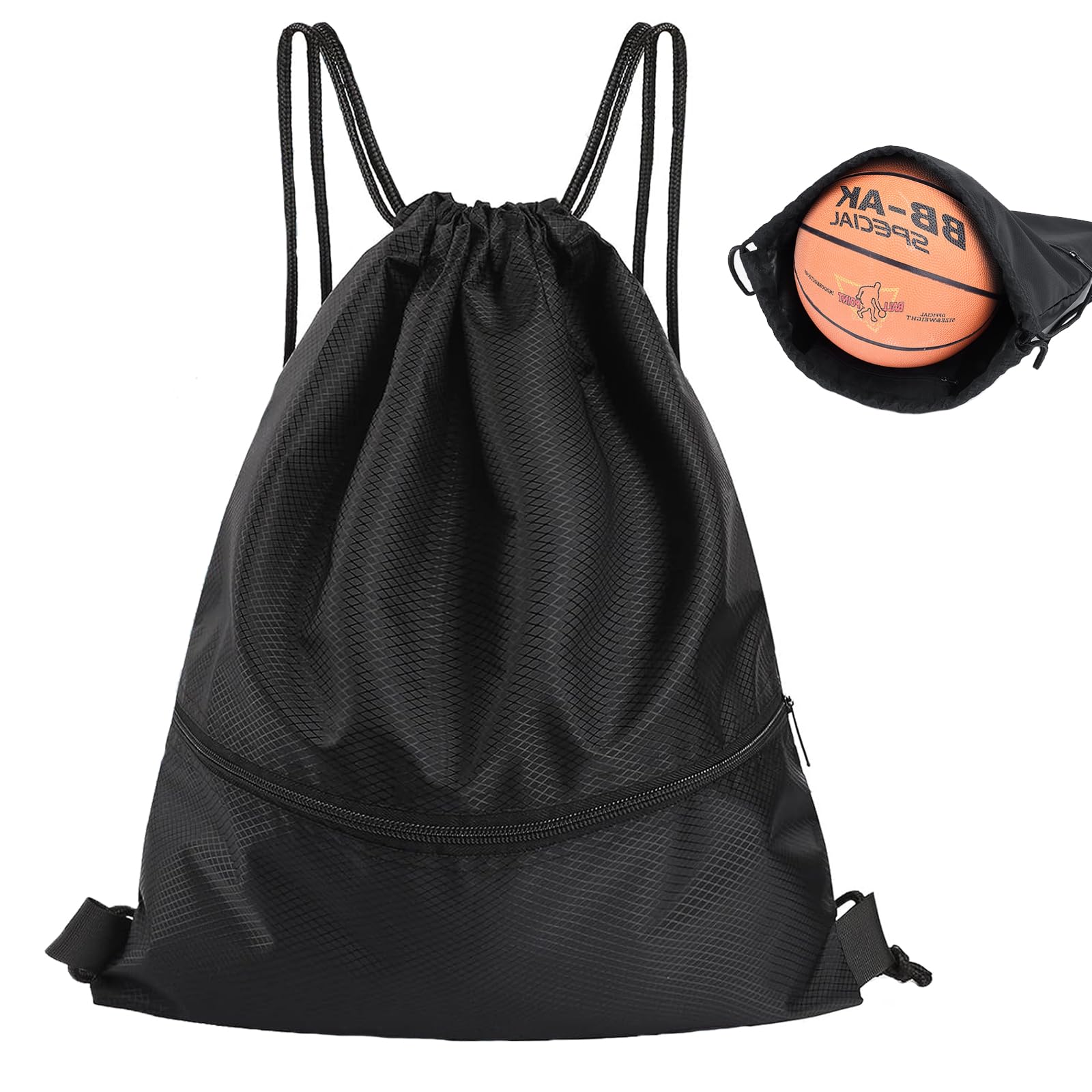 NOLACEMochila con cordón, cordón impermeable, bolsillo trasero con bolsillo con cremallera, bolsa de deporte, bolsa de gimnasio, bolsa negra impermeable con cordón para hombres y mujeres