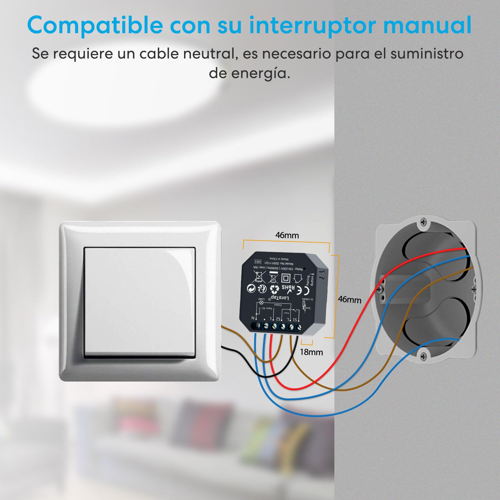 Interruptor de Luz Inalámbrico LoraTap, Mando a Distancia y 2 Receptor de Relé 10A, Interruptor Inalámbrico de Pared a 2 Gang para Lámparas y Electrodomésticos, RF Control Remoto de hasta 200m