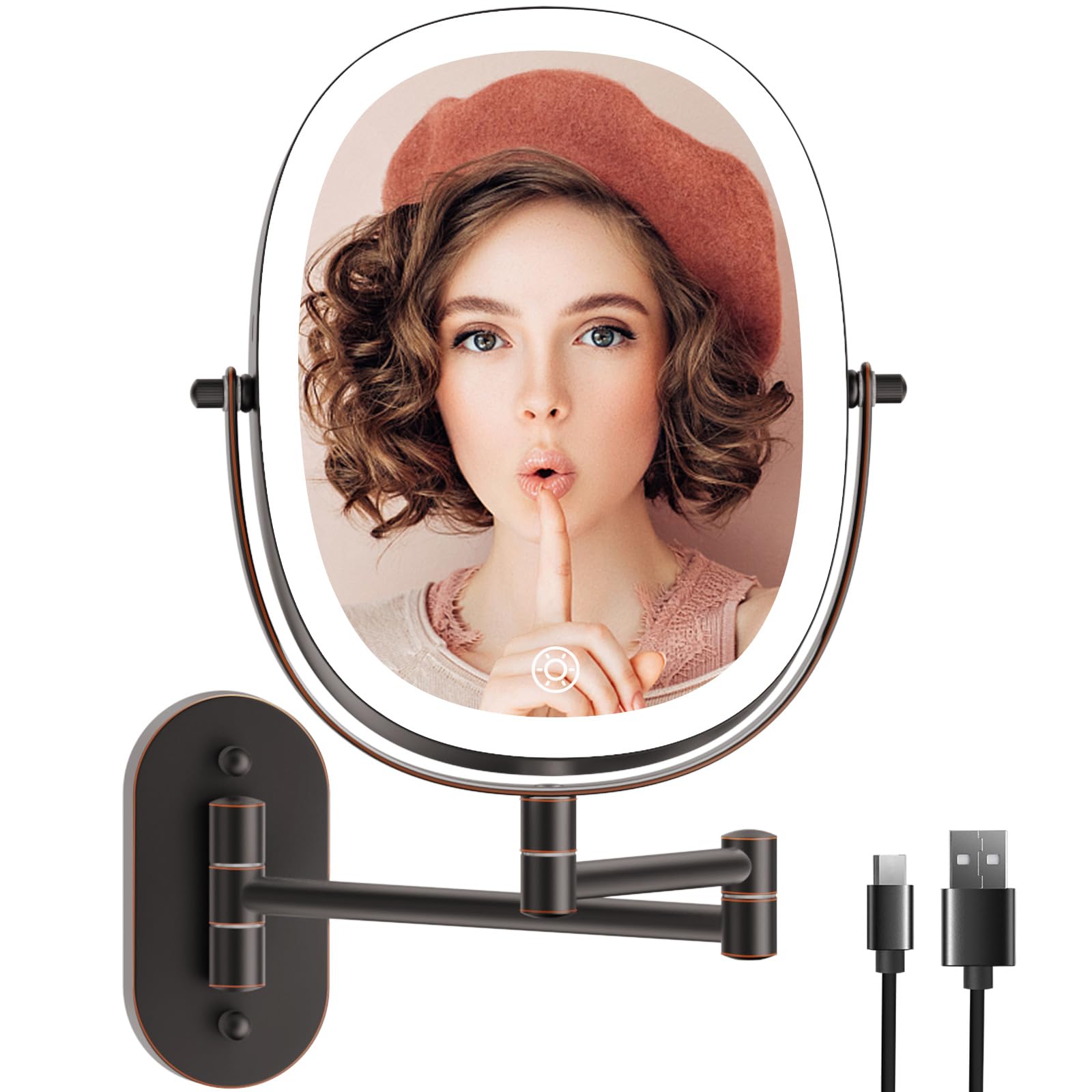 Funtouch 9" Wall Mounted Lighted Makeup Mirror, Rechargeable Double Sided 1X/7X Magnifying Mirrors with Light, 3 Color Lights, Touch Dimmable,