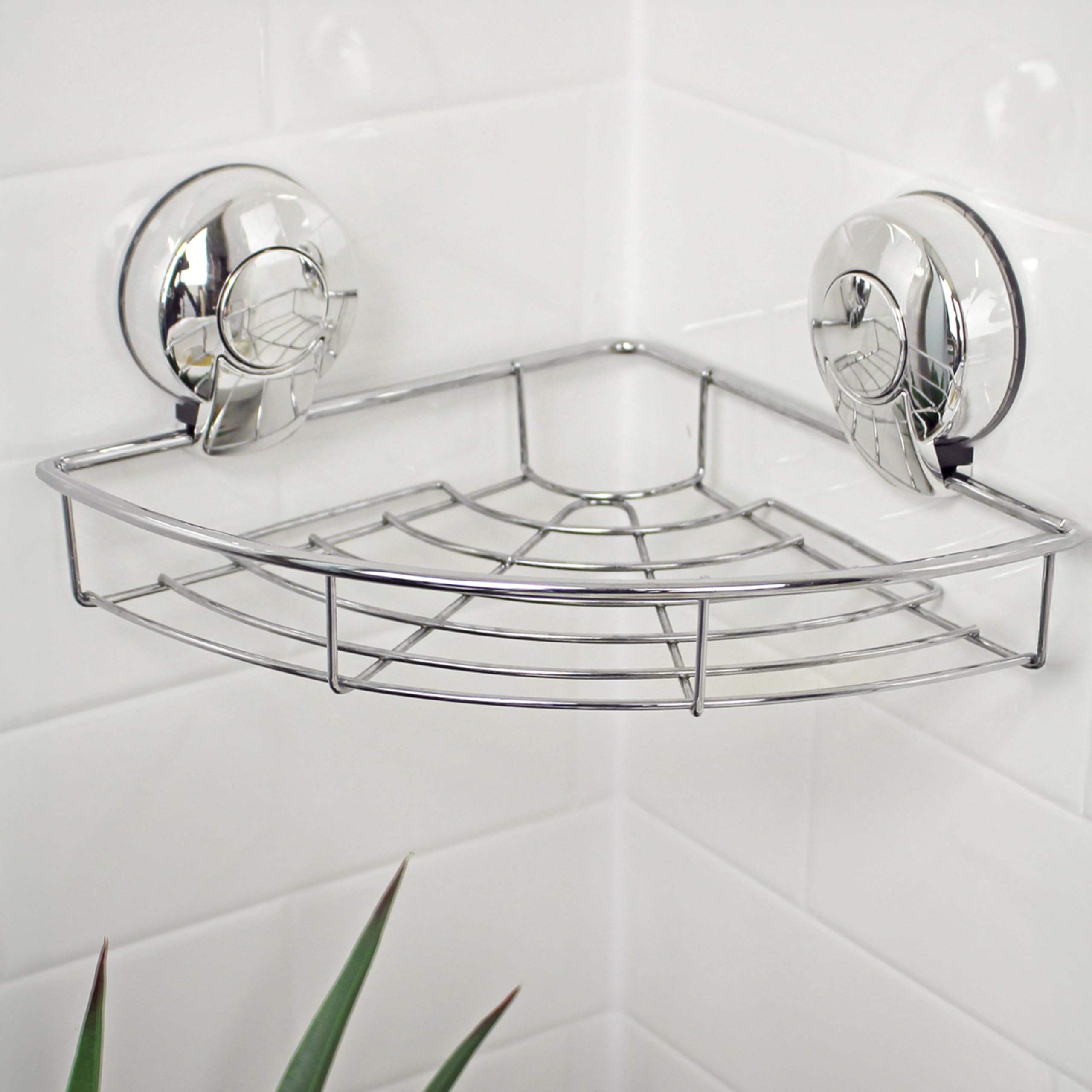 Showerdrape Suctionloc Chrome Steel Suction Wall Mounted Corner Basket with Mounting Discs