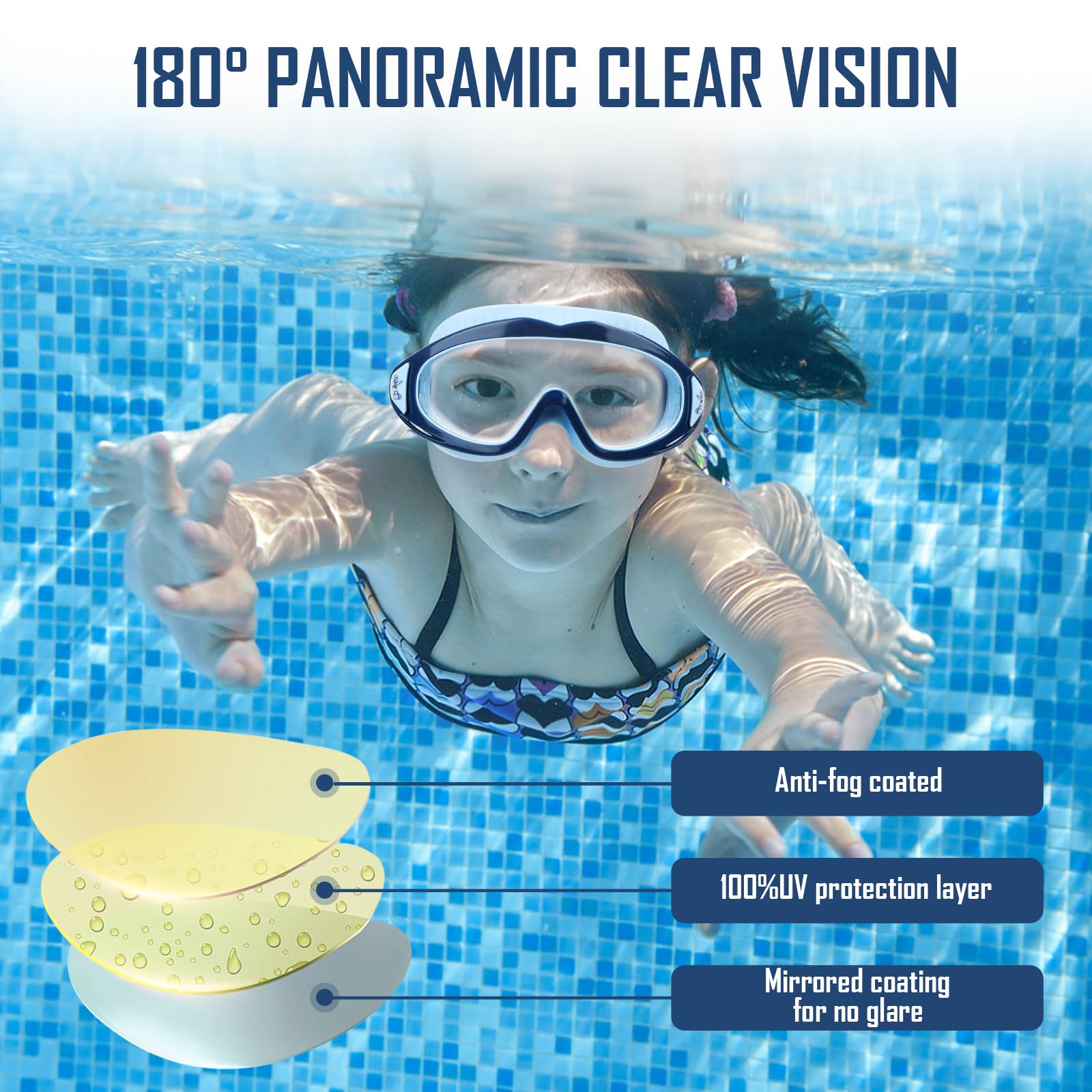 Lunettes de plongée pour enfants de 3 à 15 ans - Avec bouchons d'oreilles et bandeau réglable - Grand angle - Protection UV
