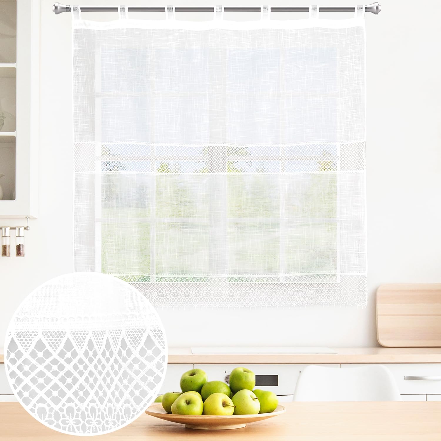BOD HOME, 1 Piece, Translucent Curtain with Loops for Kitchen, White, Dining Room, Half Height, Polyester, Embroidered Designs, Easy Use and Installation. Width x Height: 150 x 150 cm