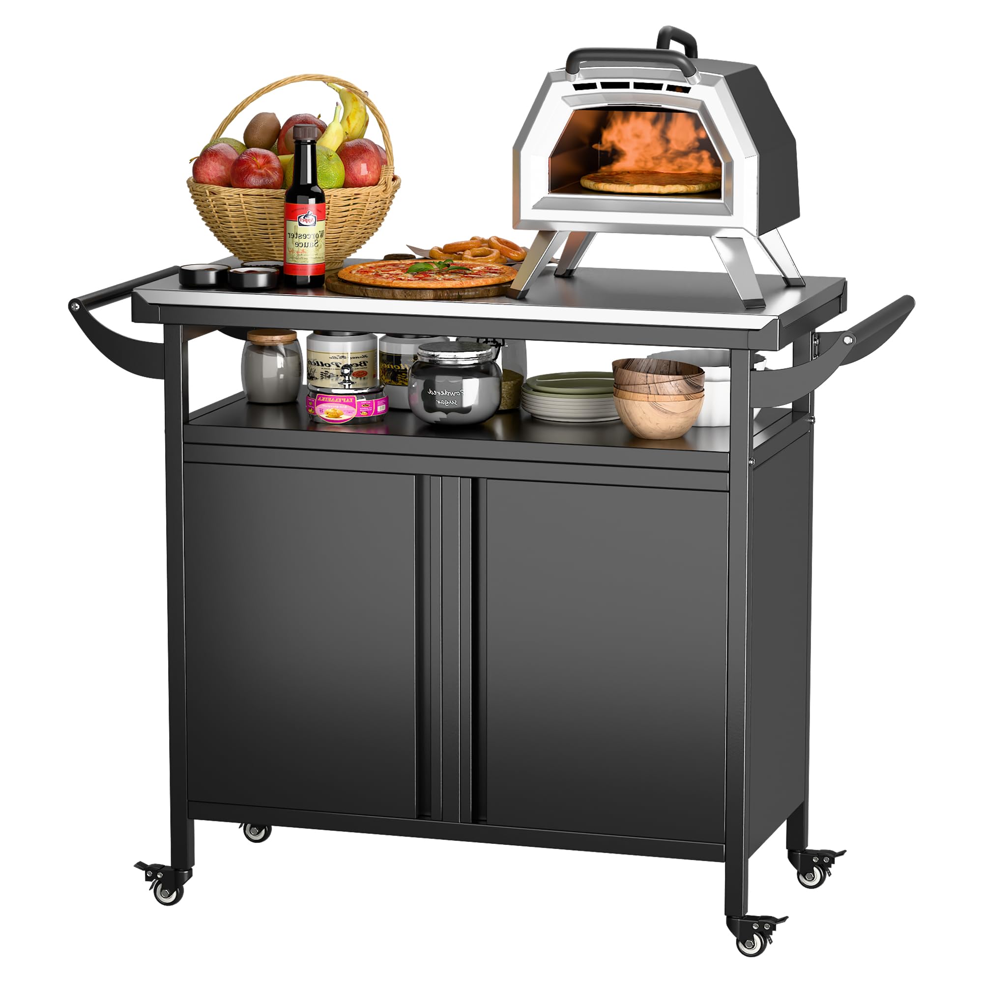 SUPEER Carro de asado, mesa de barbacoa, mesa para pizza con 4 ruedas, placa de mesa de acero inoxidable 304, carro para asar, carro de servicio para exteriores, carro de jardín al aire libre