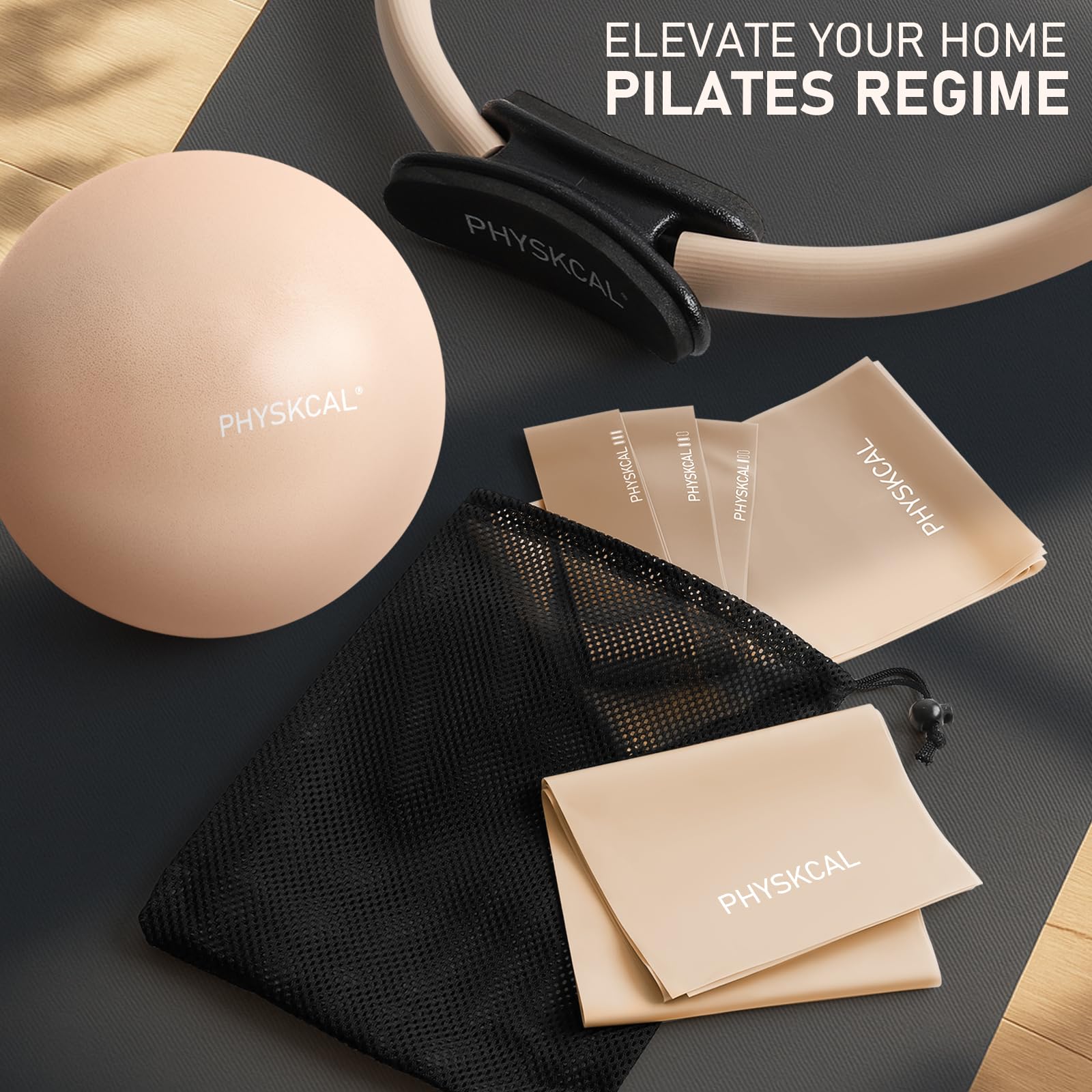 PhysKcal Kit de Pilates, Anneau 38 cm avec Ballon et Bandes de Résistance