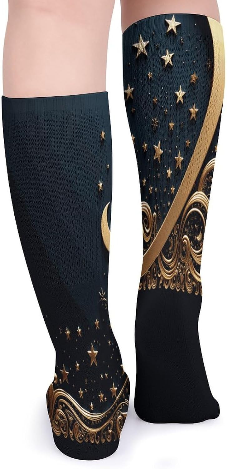 Golden Background And Crescent Moon Stocking - Cute Casual Long Athletic,Crew Sock for Men Women,Running Socks Soft Breathable for Gift