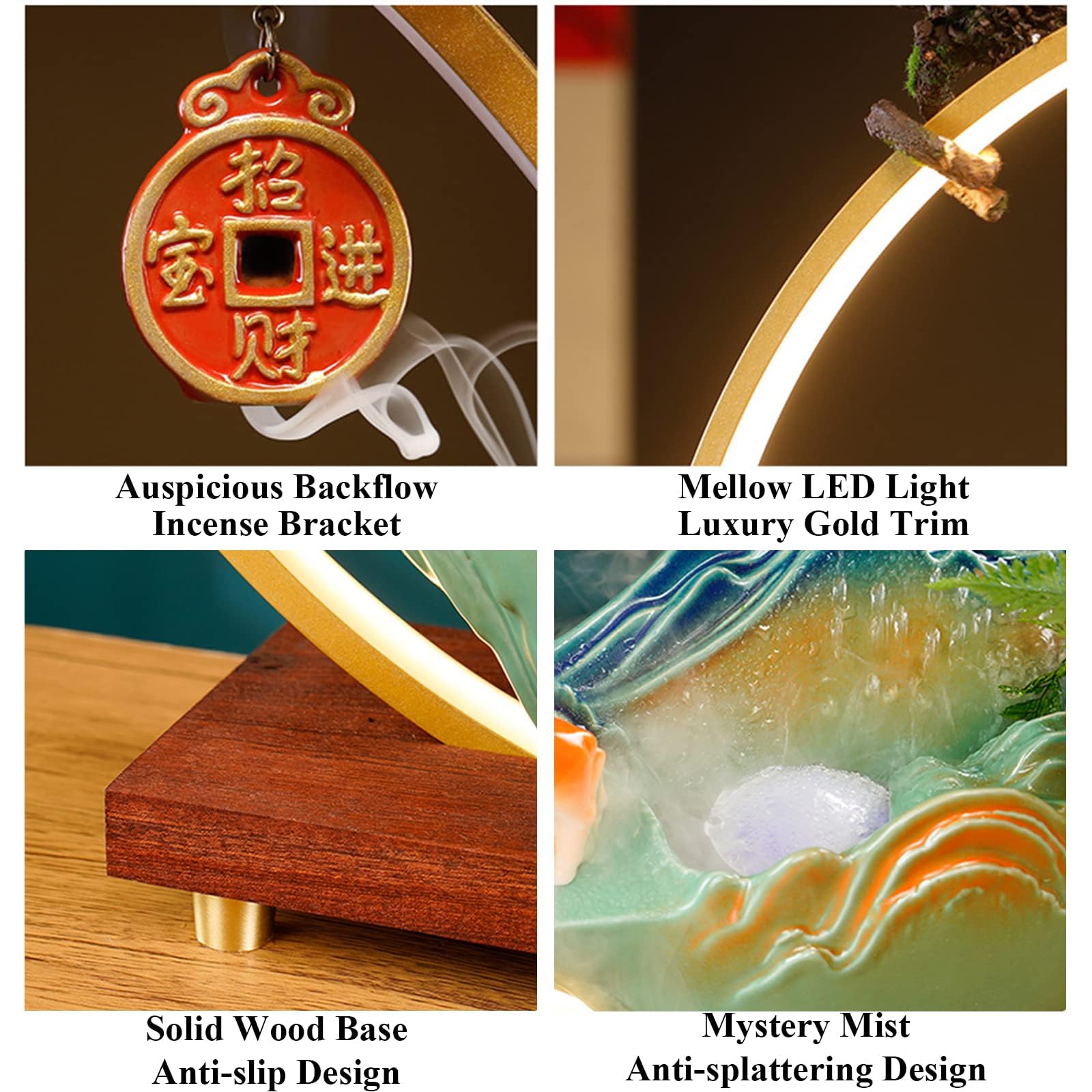 Fontana d'acqua per interni, da tavolo, cascata, con luce a LED, fontana da tavolo per meditazione con nebbia, fontana giapponese con piante finte, Feng Shui, decorazione per casa e ufficio per