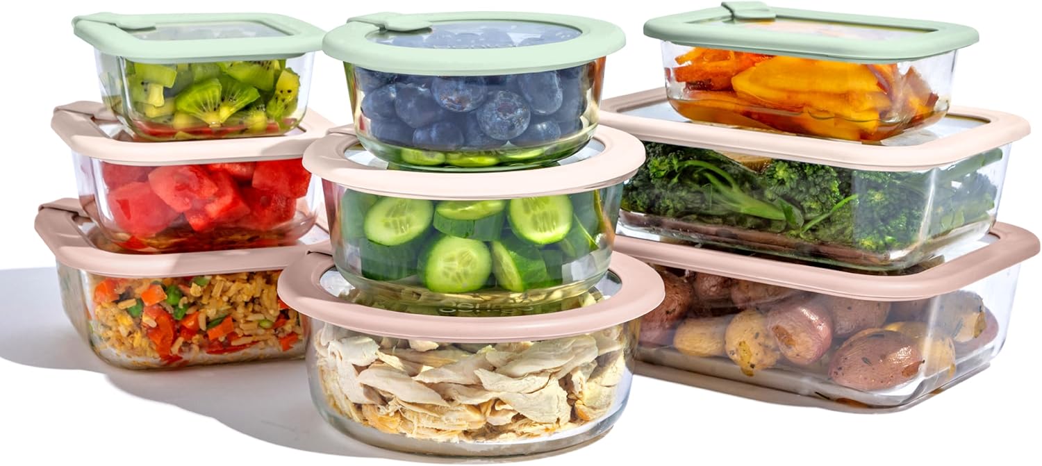 Bentgo Signature Leak-Proof Glass Food Storage - 18-Piece Set, 1-Compartment Plastic-Free Containers with Airtight Glass Lids, BPA-Free, Microwave, Freezer, Oven & Dishwasher Safe (Desert Sage)
