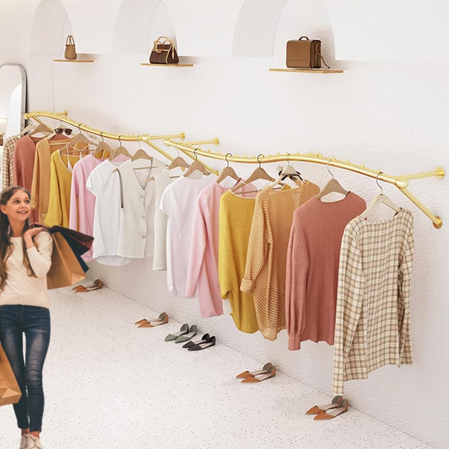 Gold Clothing Rack for Boutiques, Wall Mounted Retail Display Garment Rack for Houseware, Chrome Rolling Racks for Clothes Stores and Commercial