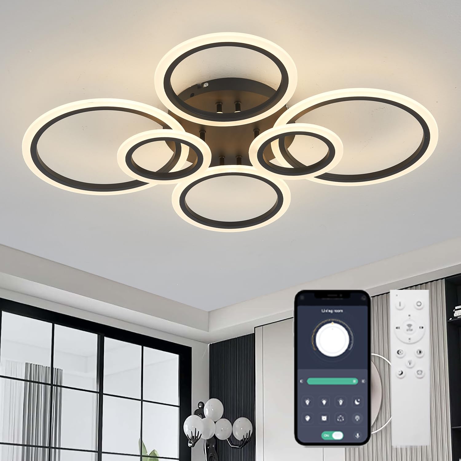 GWYAJTU Dimmable Ceiling Lighting with Timer 80CM LED Chandeliers Ceiling Light 46W Smart Chandelier with Remote Control/APP,3000-6500K,for Bedroom,Living Room,Lounge-Black