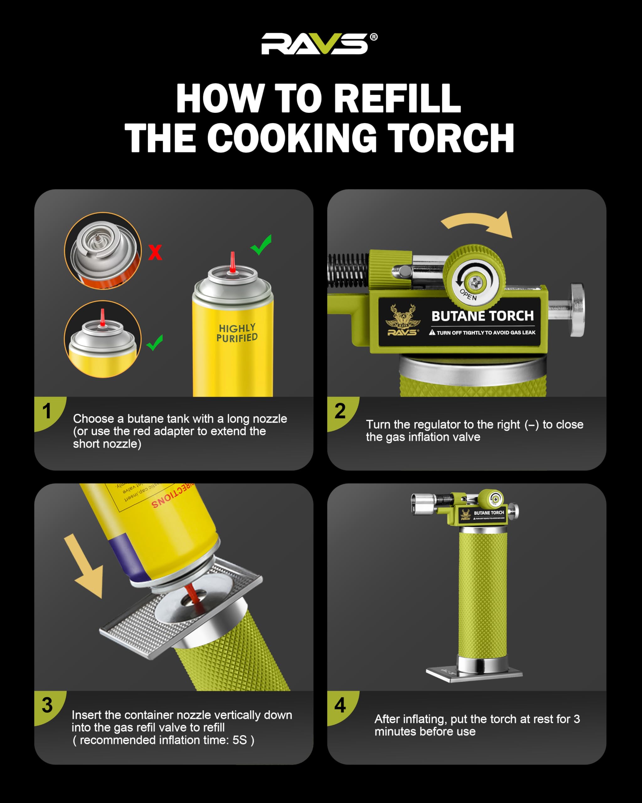 RAVS Encendedor de butano con modo de llama dual, linterna de cocina recargable, cuerpo de metal, para hornear, cocinar, arte de resina con llama ajustable, soplete de soldadura verde, gas butano no