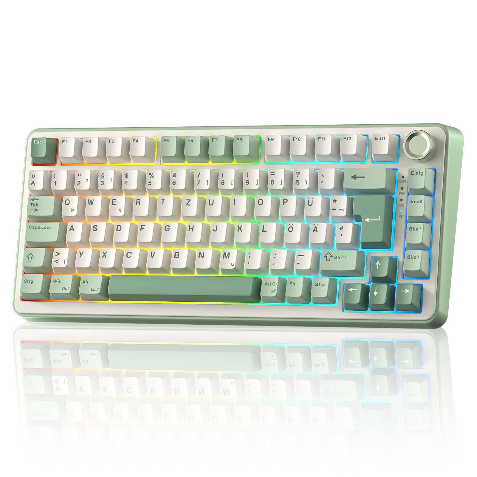 YUNZII B75 PRO ISO-DE Mechanische Gaming Tastatur, 75% QWERTZ Layout (DE) mit Drehknopf, BT5.0/2.4GHz/USB-C, Vorgeschmierte Schalter, RGB für Win/Mac/PC (Matcha Green, Cocoa Cream V2 Switch)