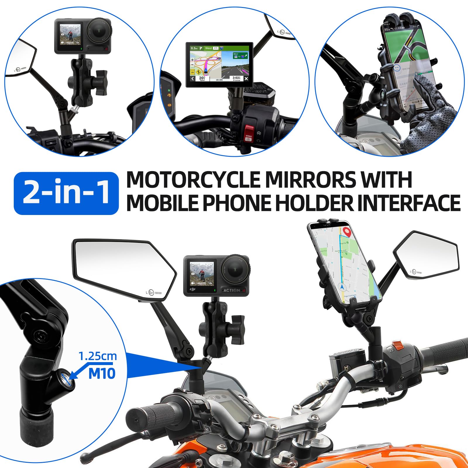 DREAMIZER Specchietti Moto Omologati E con Supporti Cellulare Integrati, 7/8" Specchietti Laterali Pieghevoli con Bulloni M8/M10, Compatibili con Moto Stradali, Dirt Bike, Quad, Cruiser.