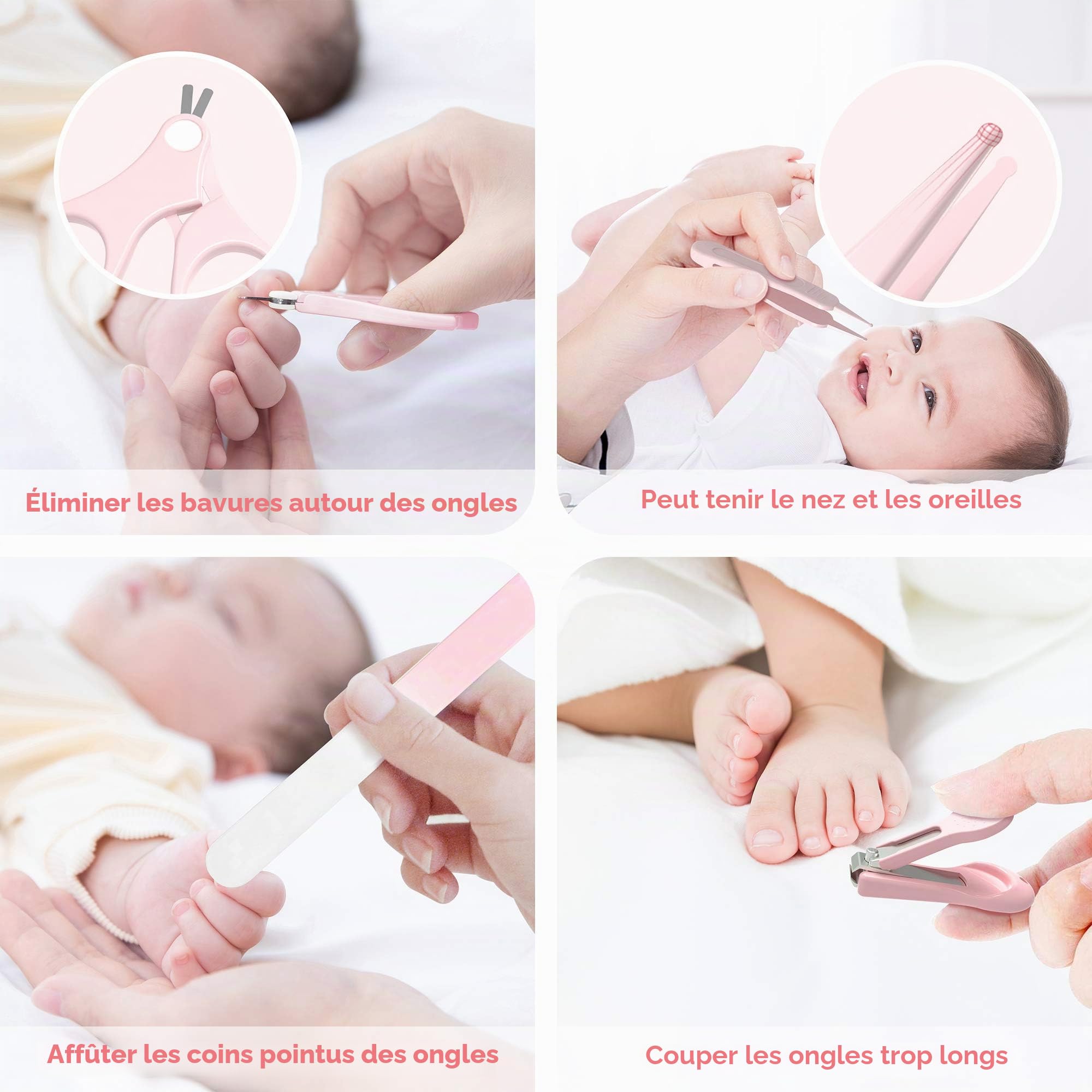 Manucure Bébé | Kit 4-en-1 avec Étui, Coupe-Ongles, Ciseaux, Lime et Pince à Épiler | Kit Soins des Ongles Bébés et Jeunes Enfants | Nouveau-né Spécial Protection pour Bébé (pink)