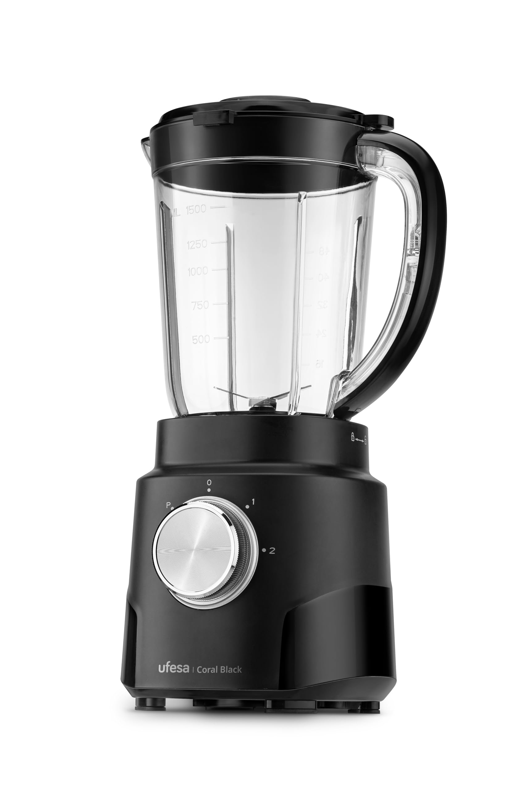 Ufesa Coral Black Blender do kubków, 600 W, szklany dzbanek 1,5 l, 4 wyjmowane ostrza ze stali nierdzewnej, 2 prędkości + turbo