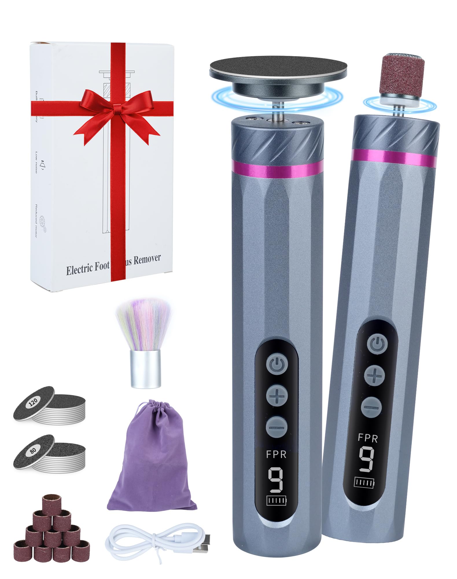 5 en 1 Rapeuse Pieds Électrique Ponceuse Pieds Electrique Râpe Pied Pédicure Rappe Pieds Lime HoneyGlow 9 vitesses réglables 4500tr/min Rechargeable 2000Mah Anti-Callosités(Gris)