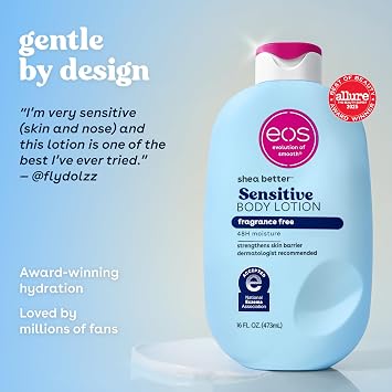 eos Shea Better Body Lotion Fragrance Free, 24-Hour Hydration Skin Care, 16 fl oz