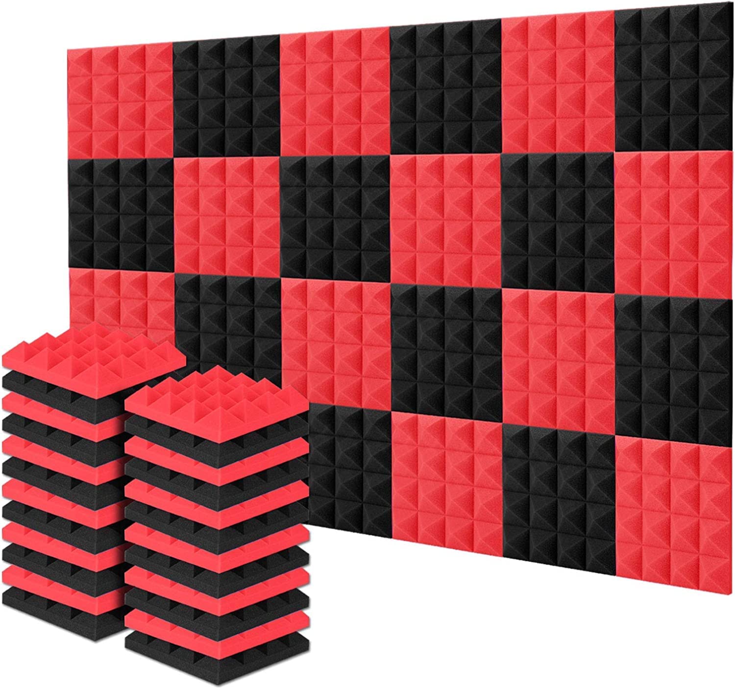 Imaginea Acoustic Foam 12”x12”x 2”, Soundproofing Pyramid Panels for Wall Noise Reducer Echo Blocker Treatment Padding Foam Tiles for Recording Studio Gaming Room Home Office (Pack of 12, Red & Black)