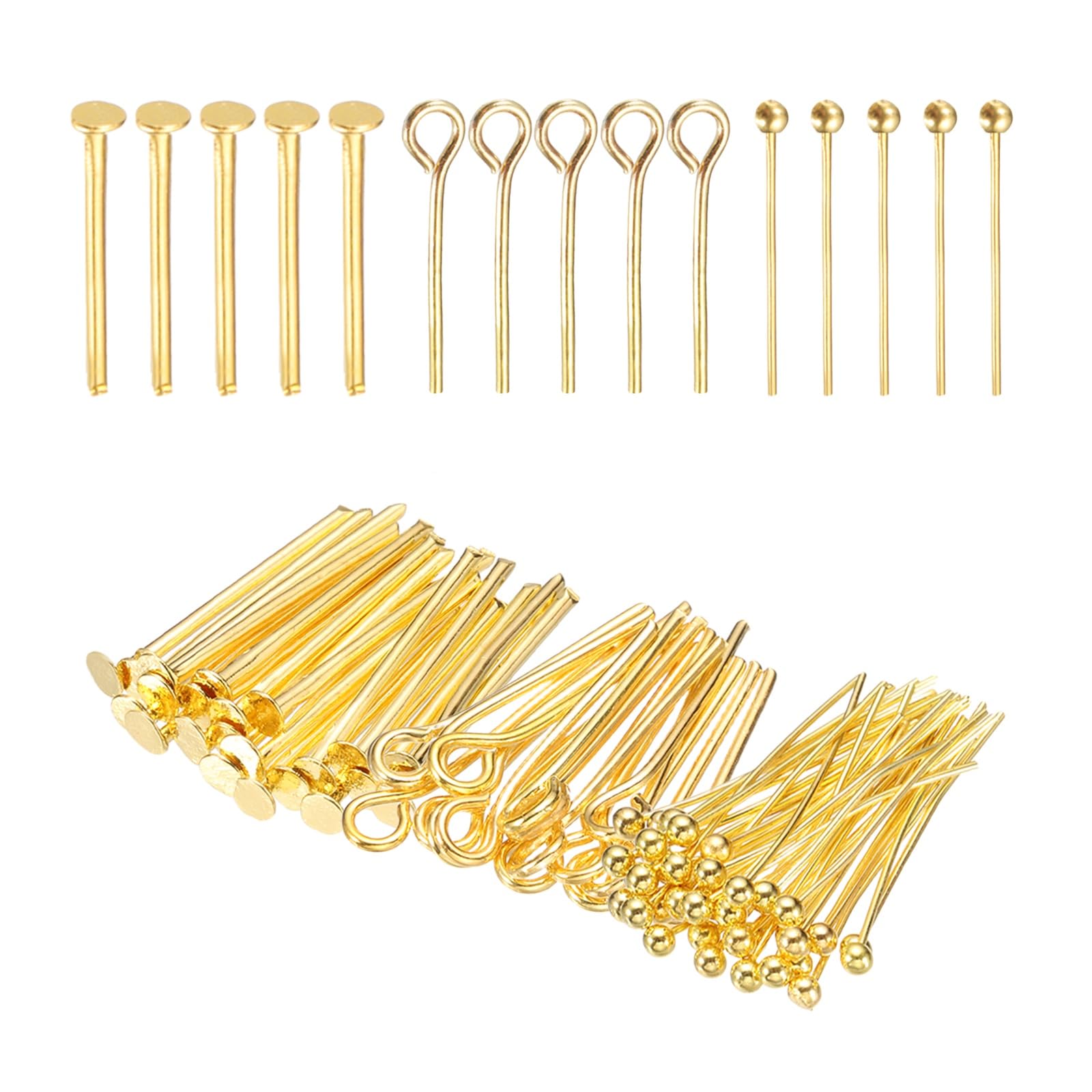 PATIKIL Head Pins Set for Jewelry Making, 600 Pcs 3 Styles 0.63" Flat Head & Ball Head Pins & Eye Pins Findings for DIY Necklaces, Earrings, Bracelets Making Supplies (Gold Tone)