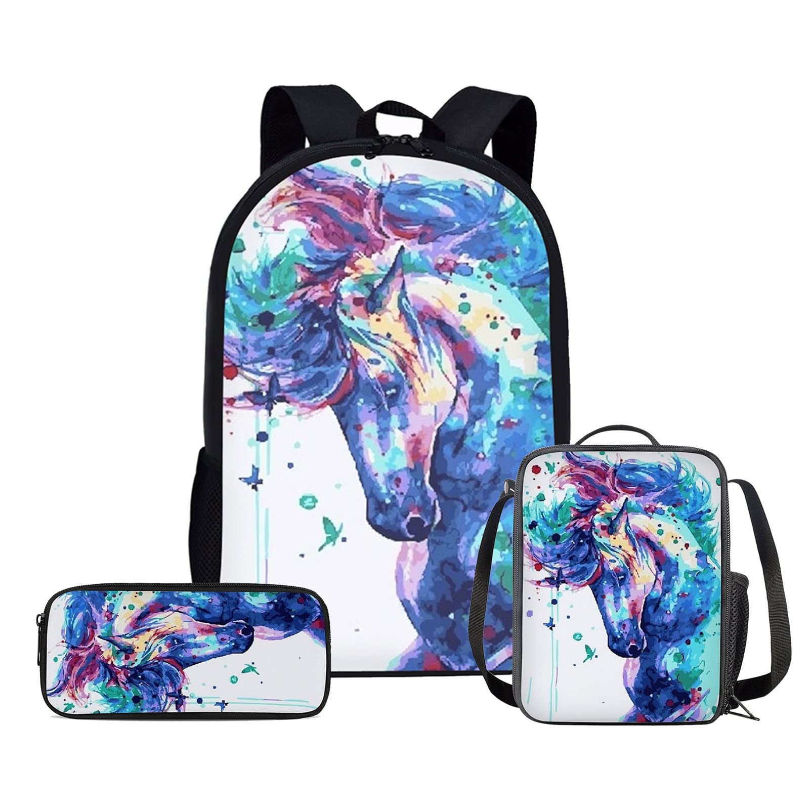 HUIACONG Mochila para niños, estuche para lápices, bolsa de almuerzo adecuada para niños de 5 a 19 años, Aceite de arte de caballo