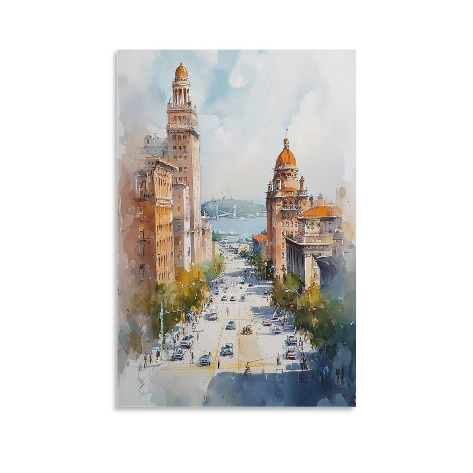 Cnaheiz Unframe-Style San Diego Watercolor Painting_ California Travel Poster 24X36inch(60X90cm) Vintage Watercolor Canvas Art