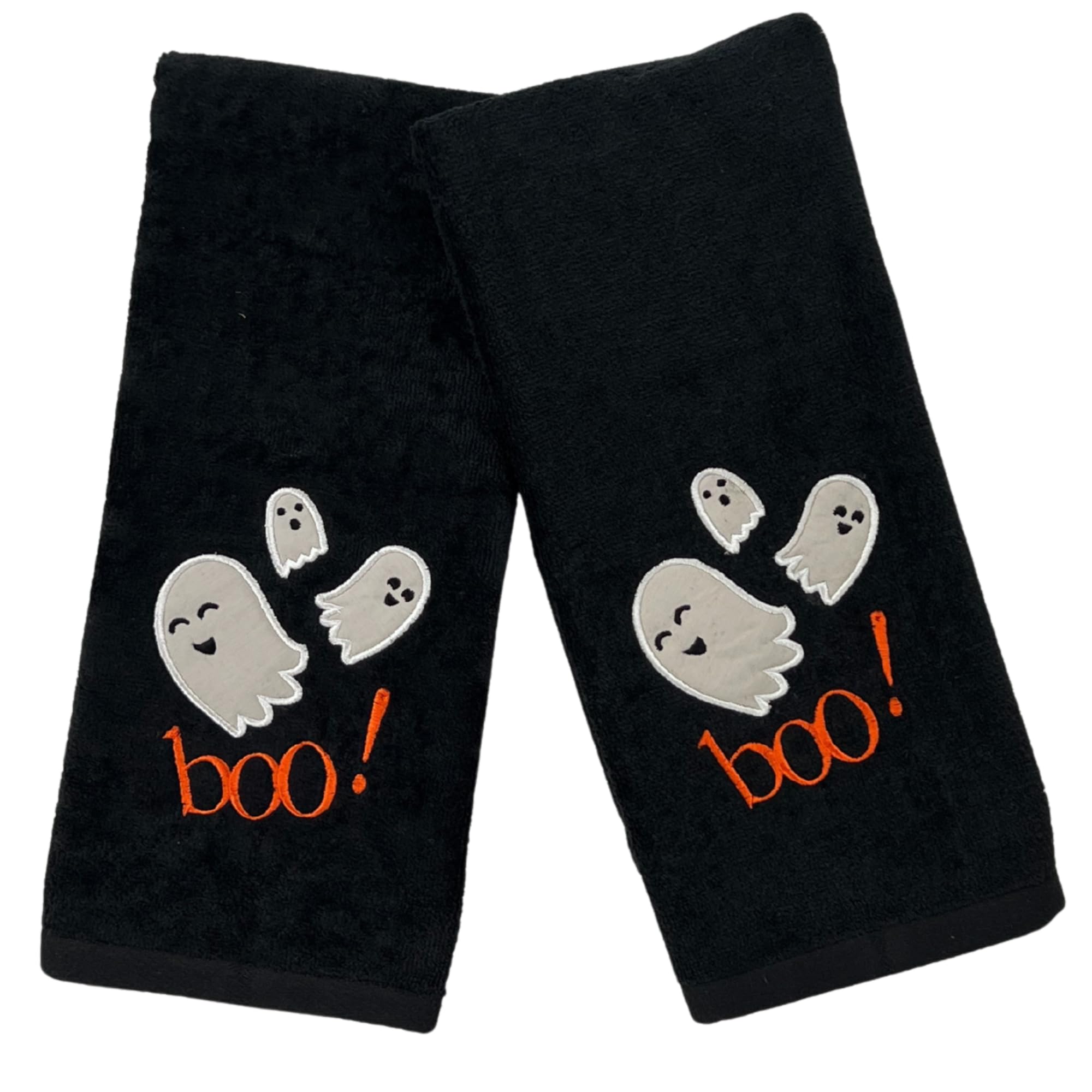 Halloween Bathroom Hand Towels (Set of 2) – Cute Boo Ghost Design on Black Cotton - Decorative Bath or Kitchen Holiday Home Décor