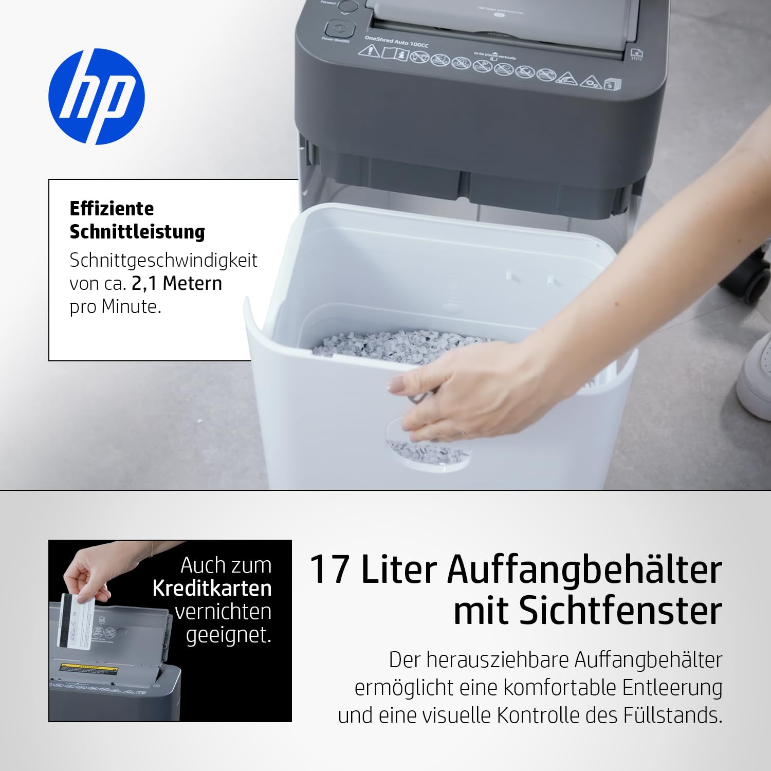 HP OneShred Auto 100CC Aktenvernichter P-4 | Papierschredder mit 100 Blatt Auto-Feed | Schredder Aktenvernichter Cross Cut | Shredder Papier 9 Blatt Manuell | Paper Shredder 17L | Aktenschredder