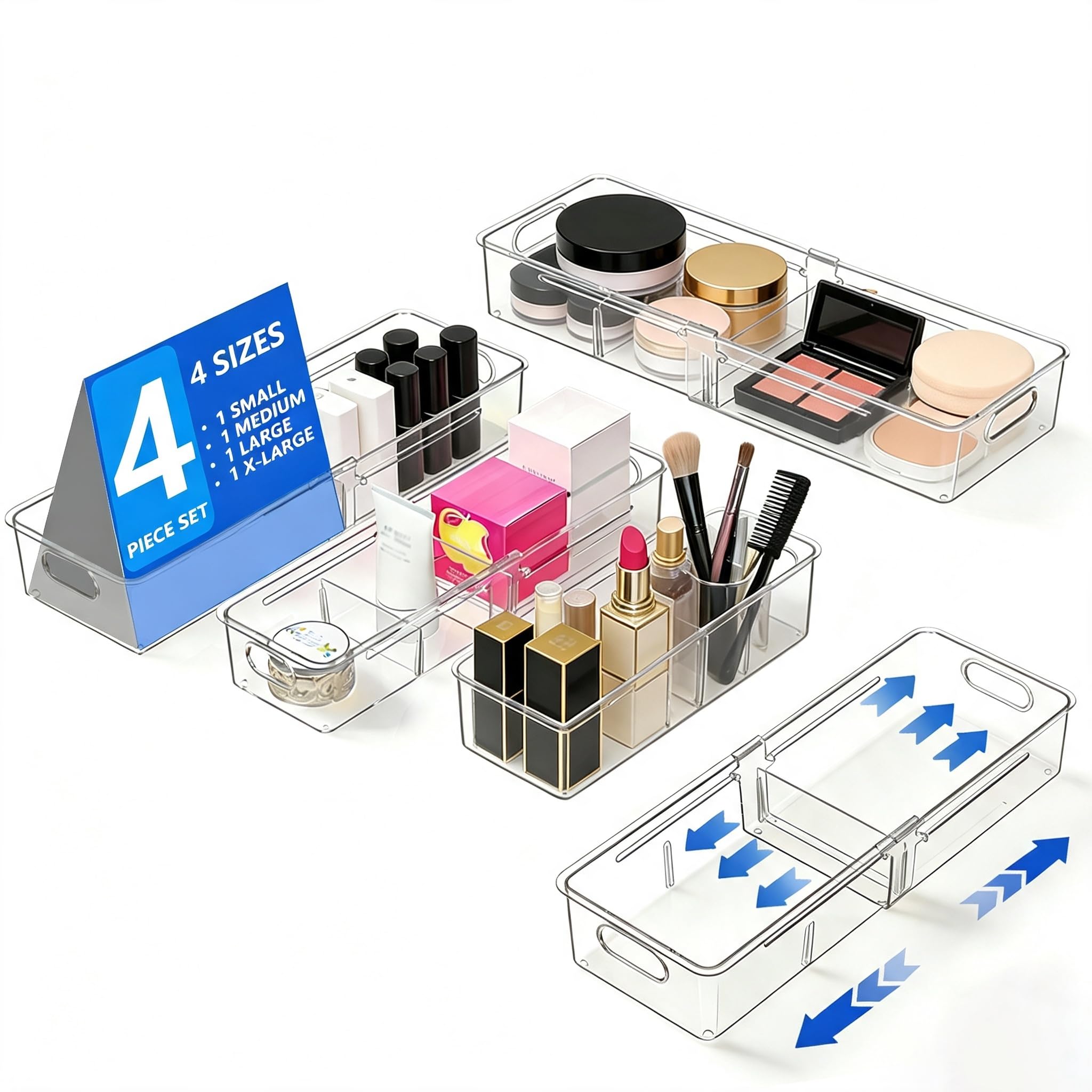 4 organizer espandibile per cassetti, organizer regolabile per cassetti da scrivania con divisori, contenitori in plastica di 4 dimensioni per trucchi, cucina, bagno, ufficio e gadget