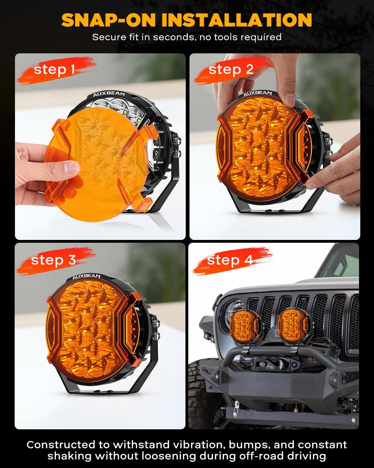 Auxbeam V-Ultra Series 7 Inch Deep Amber Light Covers 2300K Dark Amber Tone Round Offroad Lens Cap Smoked Amber Tint Reduce Glare for Fog & Dust Low Visibility, 2 Packs