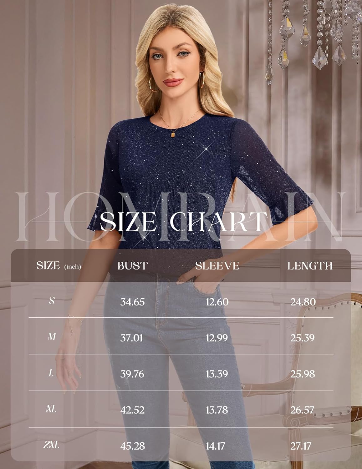 HomRain Womens Ruffle 3/4 Sleeve Sparkle Top Blouses Casual Shirts Crew Neck Glitter Night Out Tops for Elegant Evening - Image 6