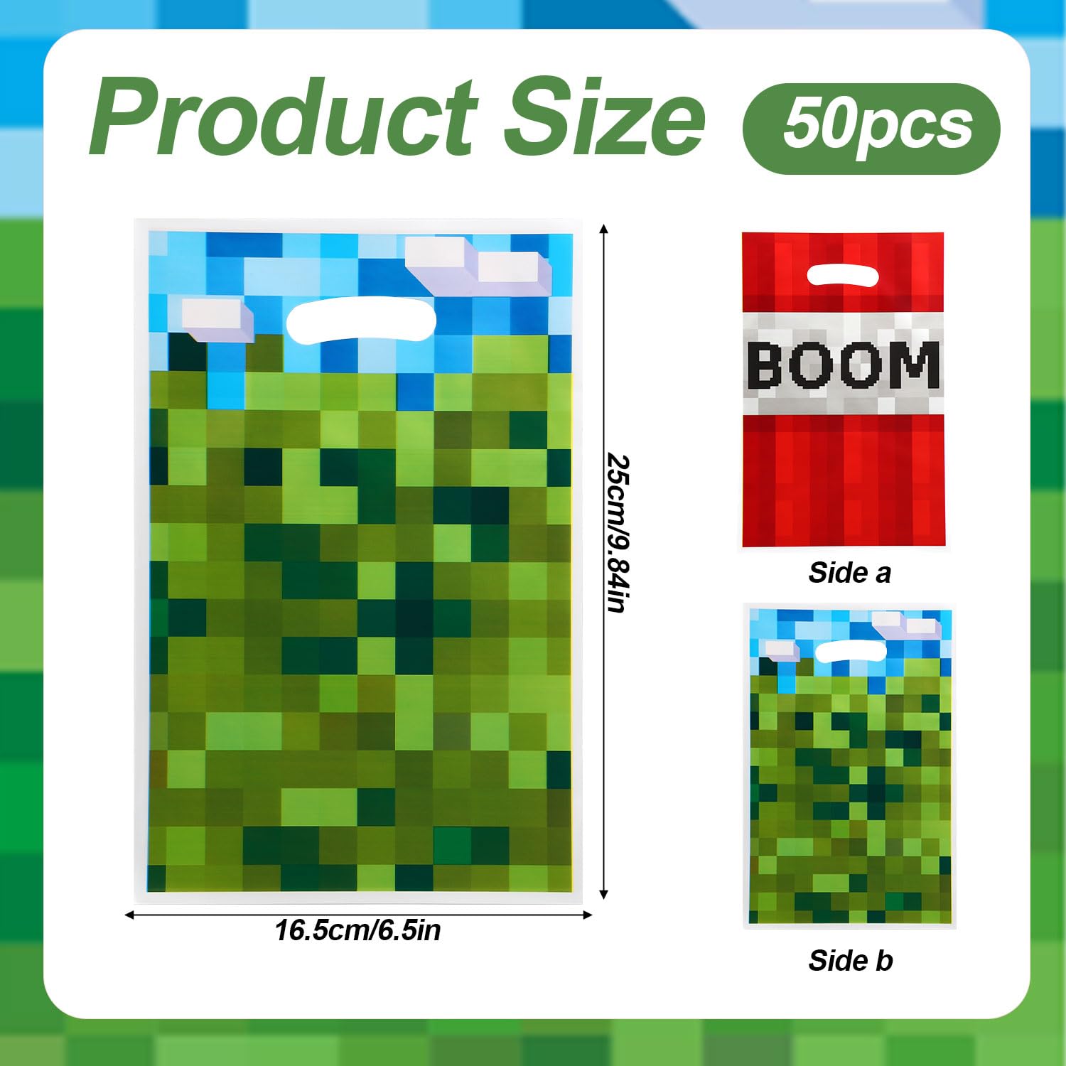 50pcs Party Favor Bags, Pixel Video Game Theme Gift Treat Bags Boom Plastic Candy Snack Bag with Handles for Kids Boys Girls Gamers Birthday Party Supplies (Blue, Green, Red)