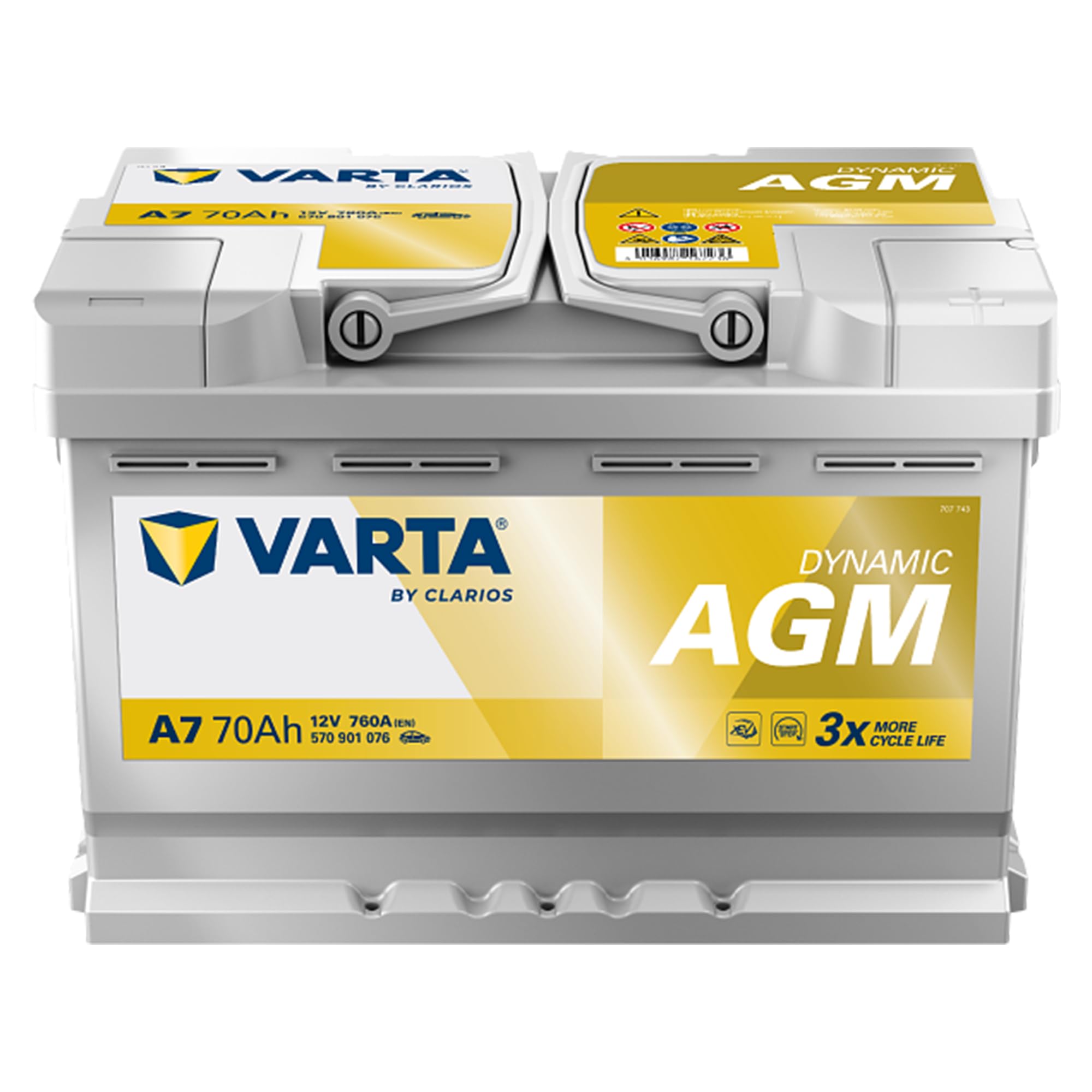 VARTA Automotive DYNAMIC AGM (A7) 12V 70Ah 760A - Nassbatterie für Start-Stopp Systeme und xEV - Starterbatterie für Autos mit höherem Energiebedarf - Wartungsfreie Bleisäurebatterie