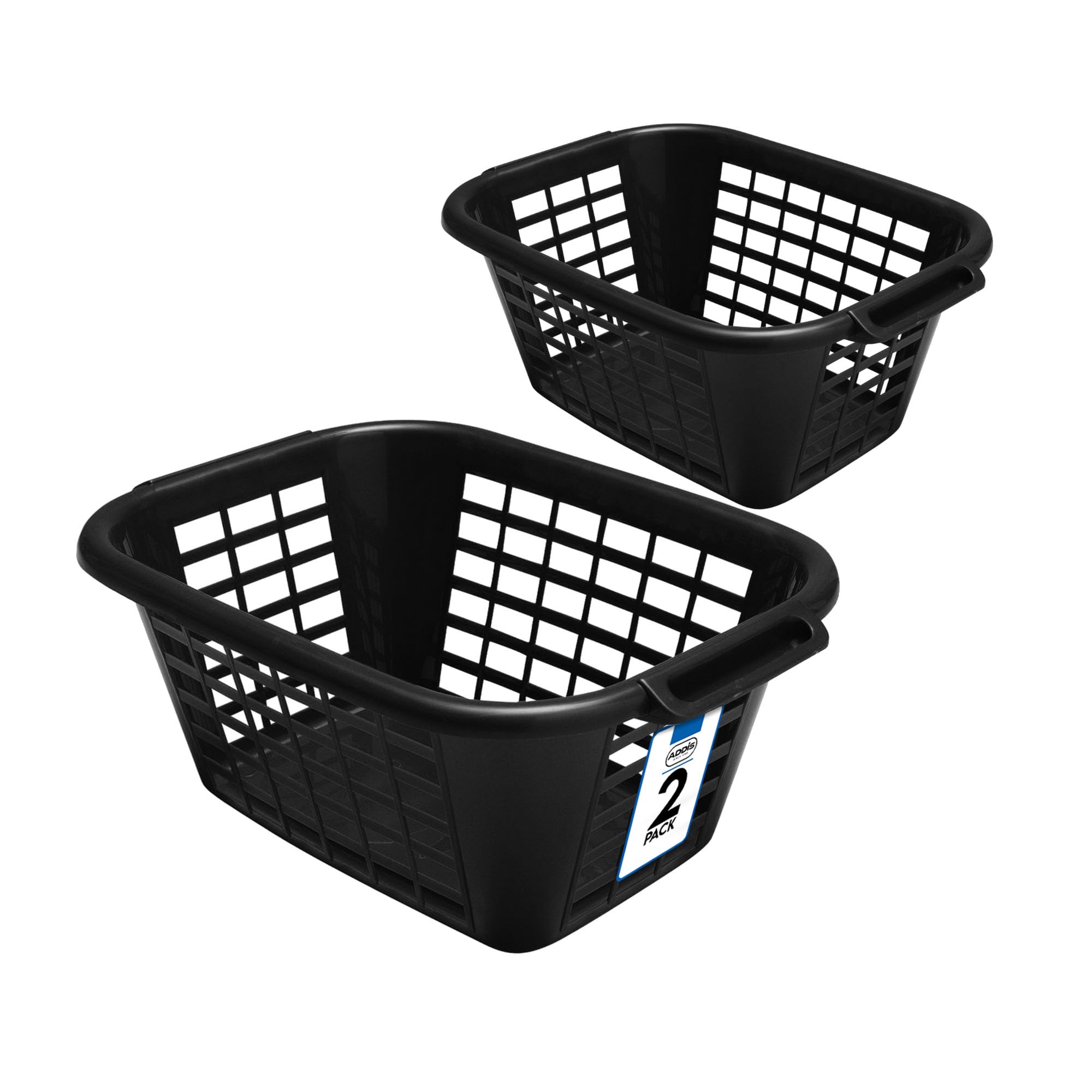 Addis 40L Laundry Basket Black, Durable Plastic Washing Basket with Handles, Ventilated Clothes Hamper for Home, Bathroom & Utility Room, Pack of 2