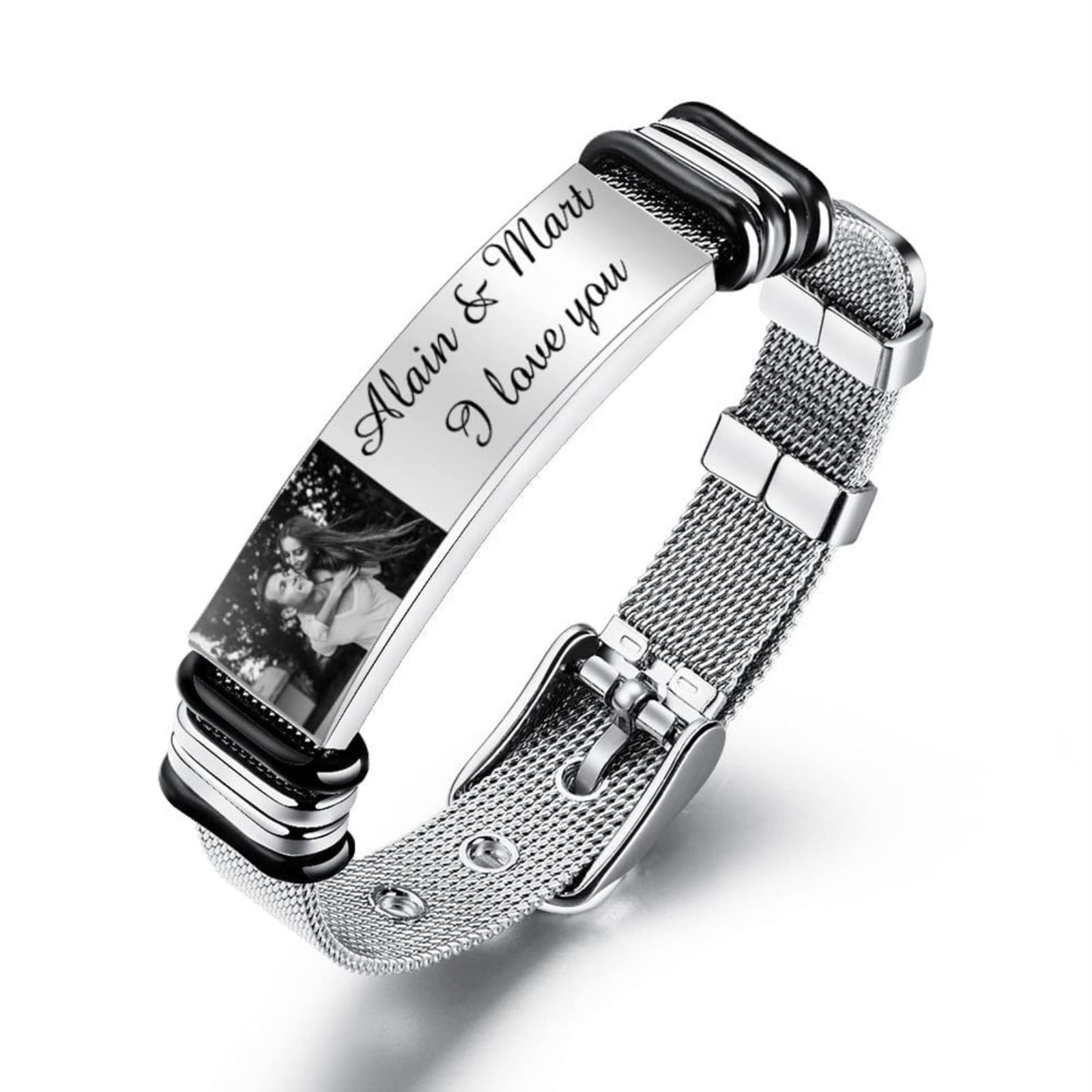 asupulsera personalizada con foto hombre,pulsera personalizada mujer con foto Pulsera de fotos personalizada de acero inoxidable, pulsera ajustable con nombre grabado (white,21.5cm)
