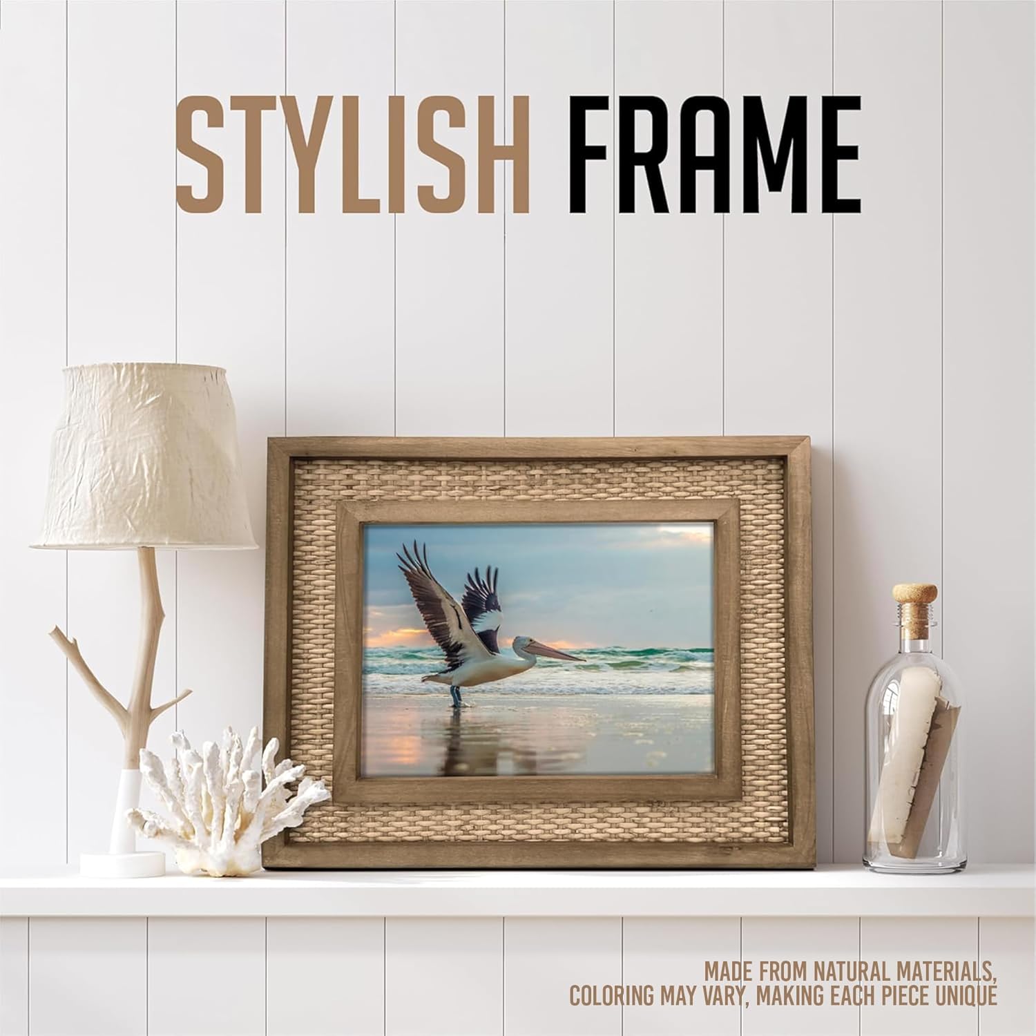 Fairwood Way Rattan Picture Frame for 8x10 Photos | EACH UNIQUE Natural Fir Wood, Handwoven Rattan Mat, Boho Coastal Decor, Wall/Table Mount (12.5" x 14.5" Outer)