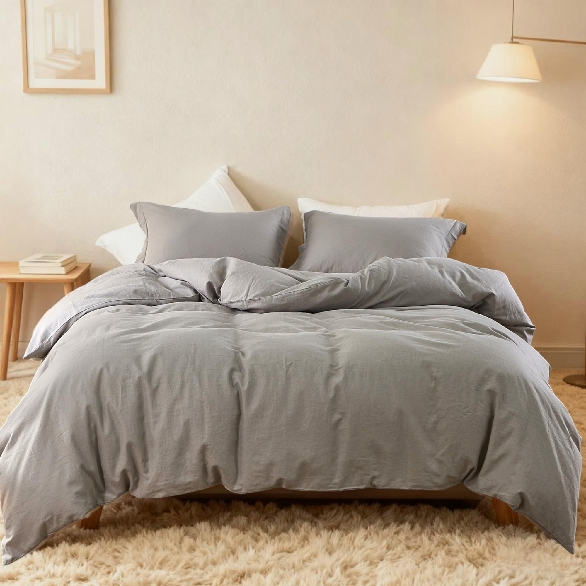 - French Linen Duvet Cover Set 104"x 92"- 3 Pieces (1 Comforter Cover,2 Pillowcases)-Natural Flax Cotton Blend-Solid Color Breathable Farmhouse Bedding-Grey, King