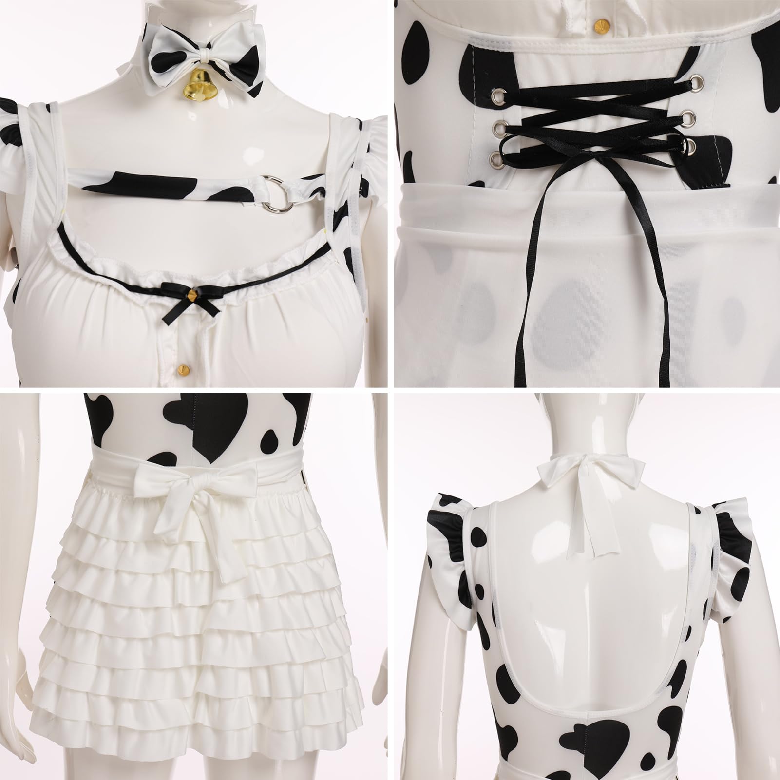 ABAFIP Women's Cute Cosplay Outfits Kawaii Anime Role Play Cow Kitten Ear Headband Stockings Ruffle Mini Dress set
