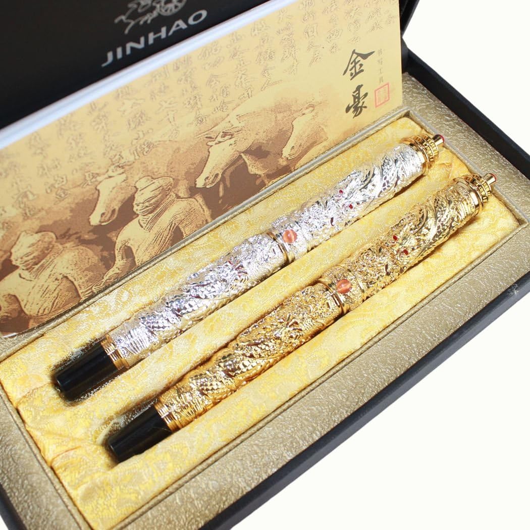 Gullor 2 pcs Jinhao 'Temple of Heaven' dragon fountain pen medium nib, golden and white