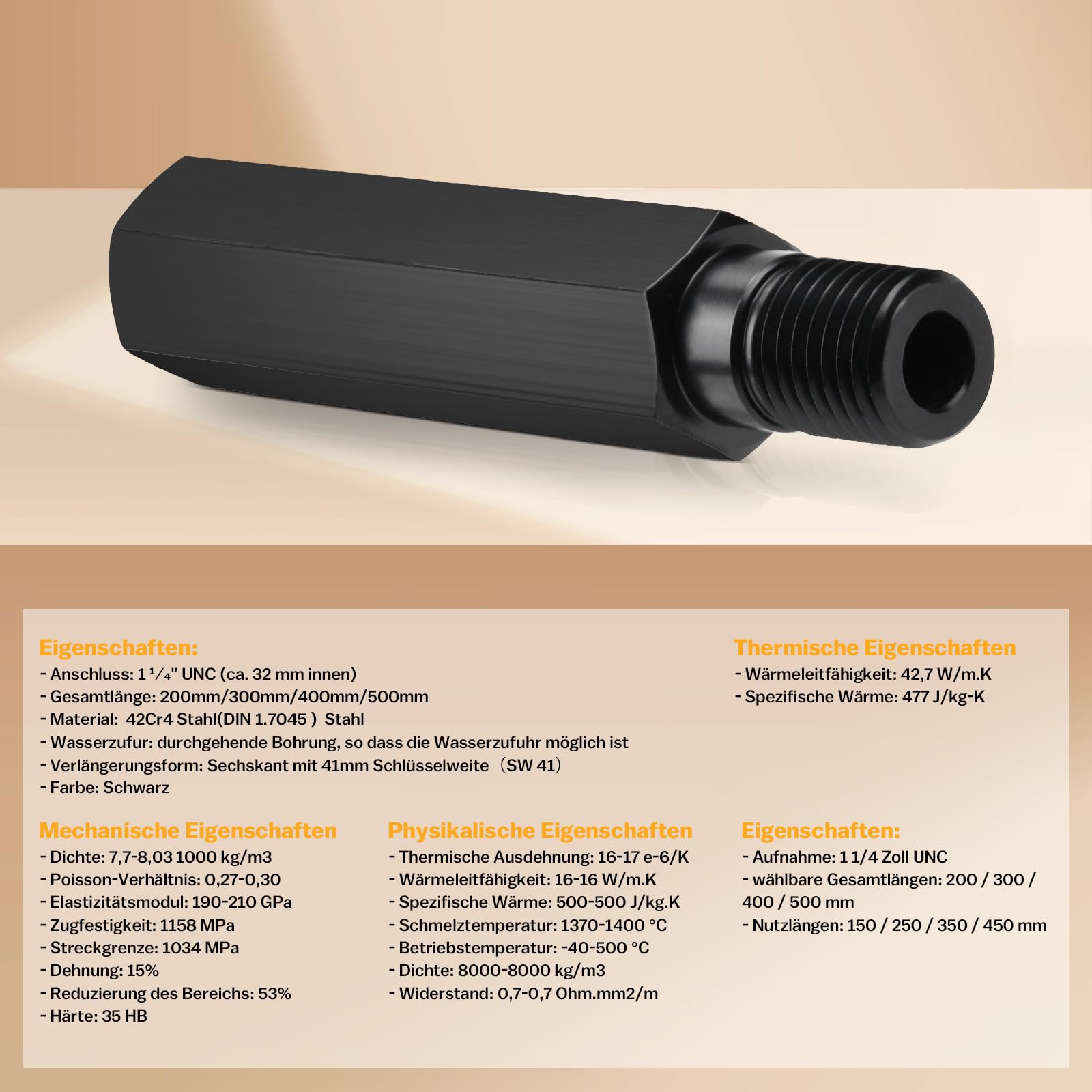 Raccord UNC 1 1/4" 500 mm Rallonge de couronne de forage acier 42Cr4 450 mm pour couronne diamantée 1 pièce