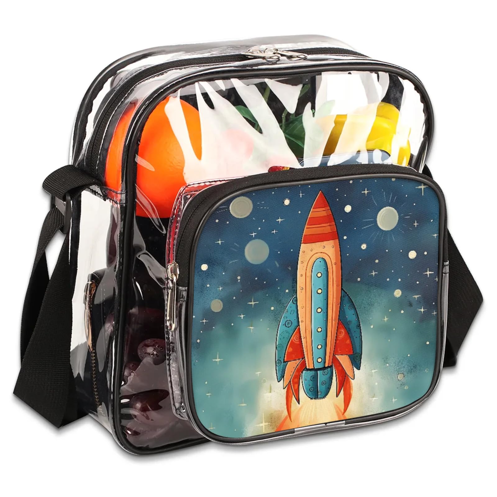 Clear Crossbody Bag Stadium Approved Cartoon Rocket Transparent Bag for Festivals, Sports Events, Concerts,Beach Bag for Women Men Clear Purse with Front Pocket Messenger Bag with Adjustable Strap