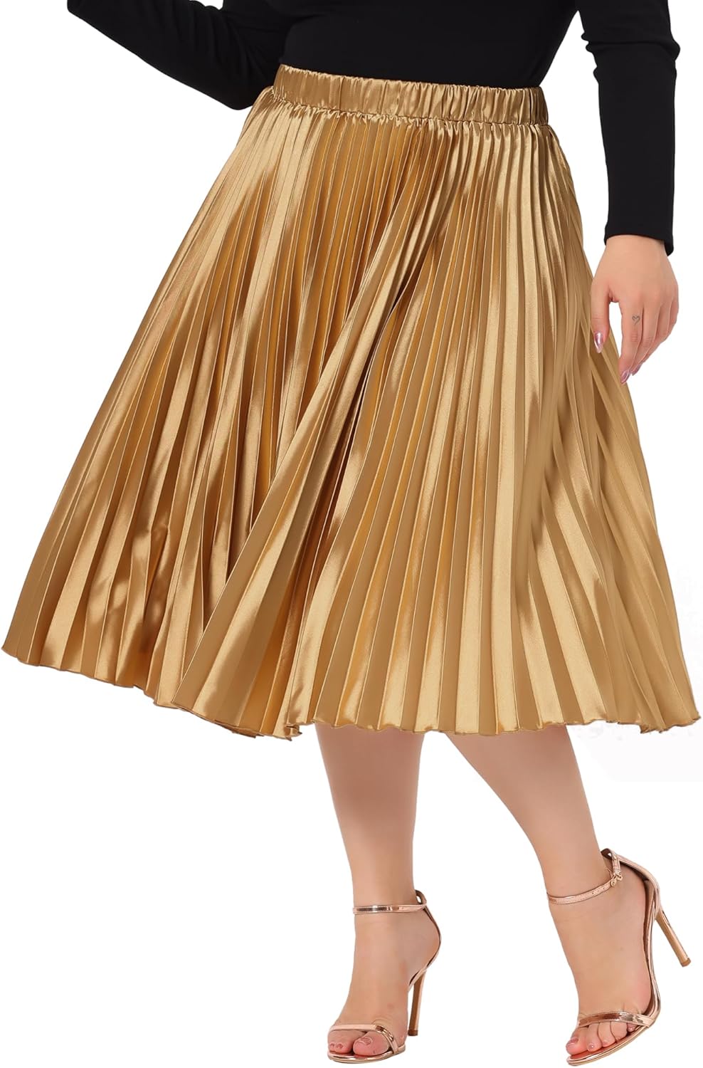 Agnes Orinda Plus Size Skirts for Women Elastic High Waist Party Metallic Shiny Accordion Pleated Midi Skirt