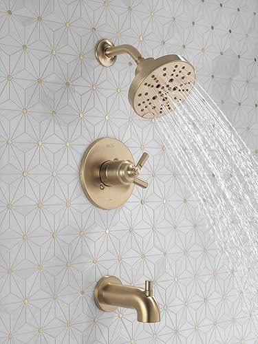 Miniatura 2 de Delta Faucet Saylor Serie 17 Kit de moldura de válvula de ducha dorada con cabezal de ducha H2Okinetic, sistema de ducha Delta, juego de grifo de